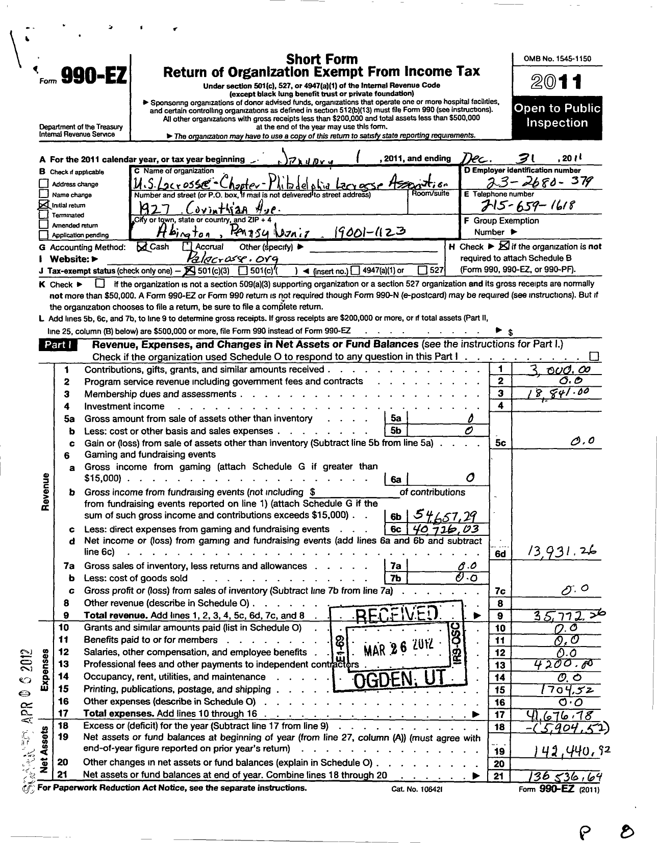 Image of first page of 2011 Form 990EZ for Us Lacrosse / The Philadelphia Lacrosse Assoc