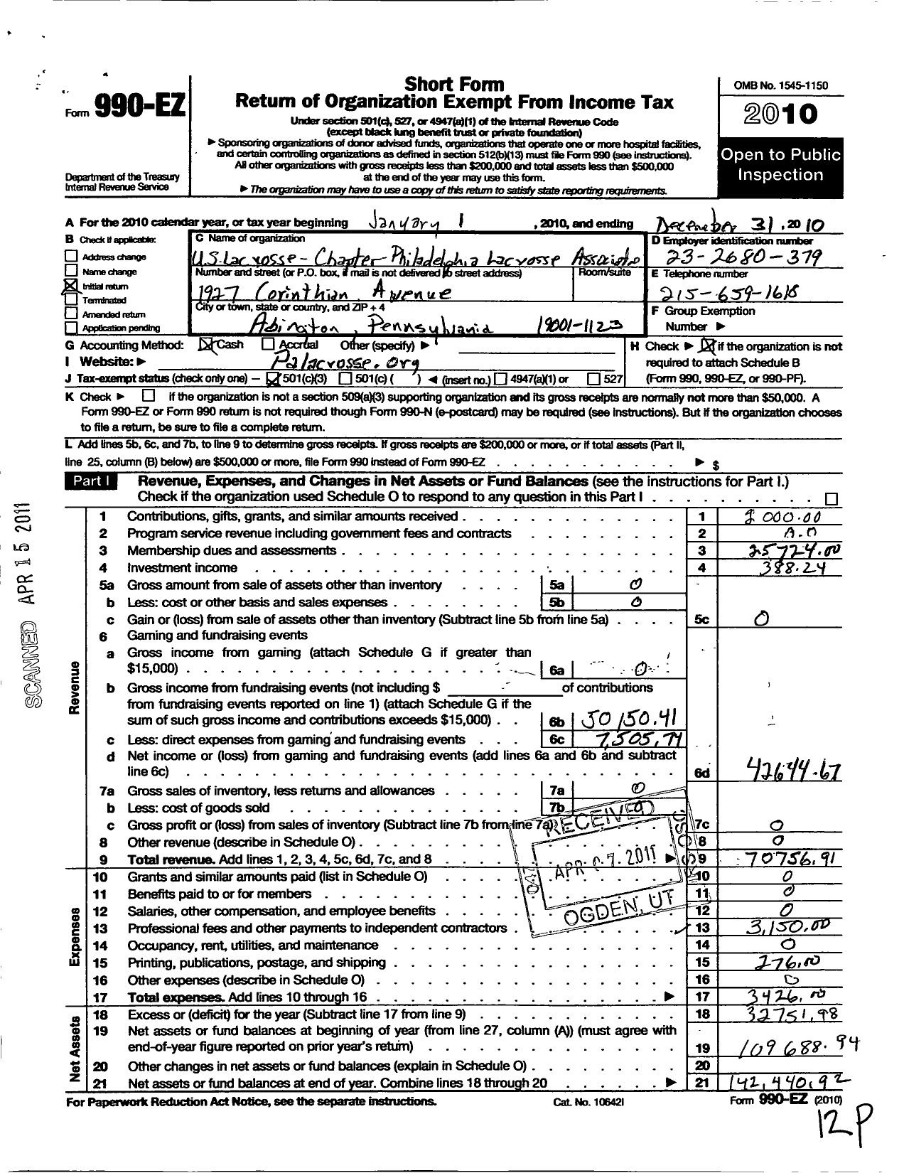 Image of first page of 2010 Form 990EZ for Us Lacrosse / The Philadelphia Lacrosse Assoc