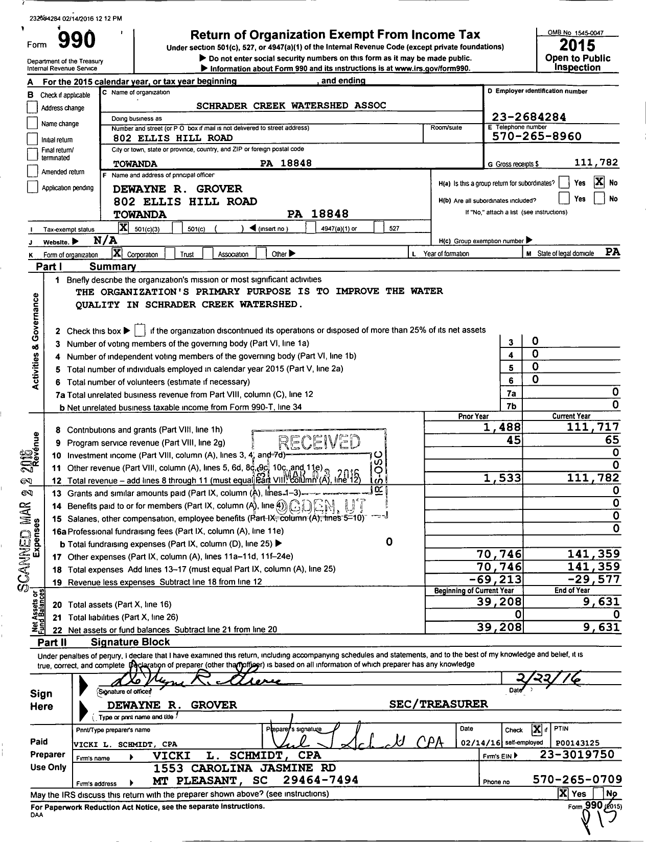 Image of first page of 2015 Form 990 for Schrader Creek Watershed Association