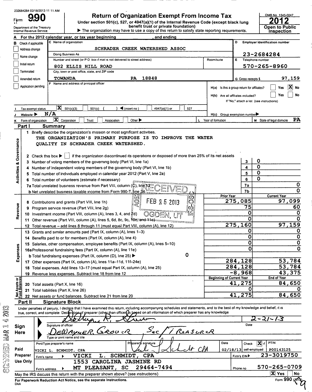 Image of first page of 2012 Form 990 for Schrader Creek Watershed Association