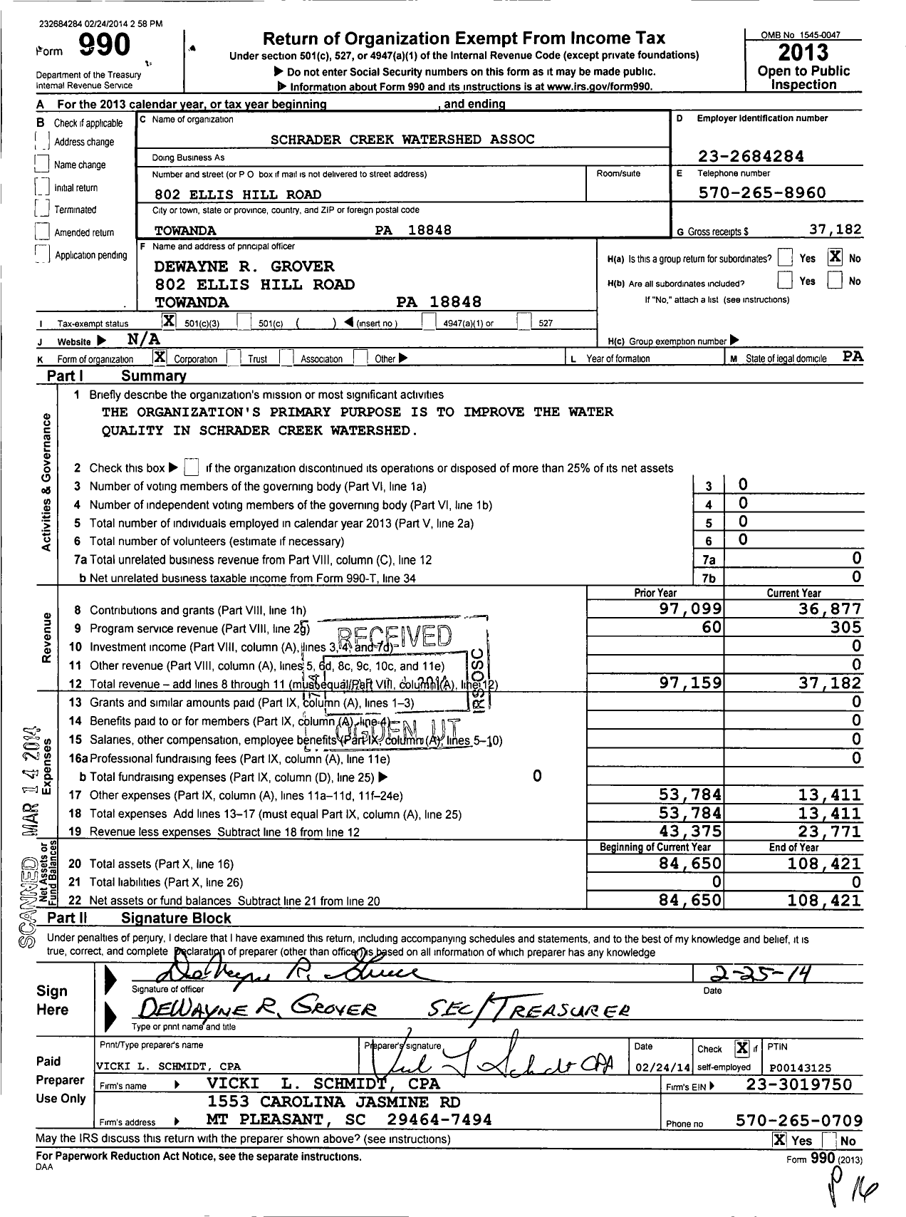 Image of first page of 2013 Form 990 for Schrader Creek Watershed Association