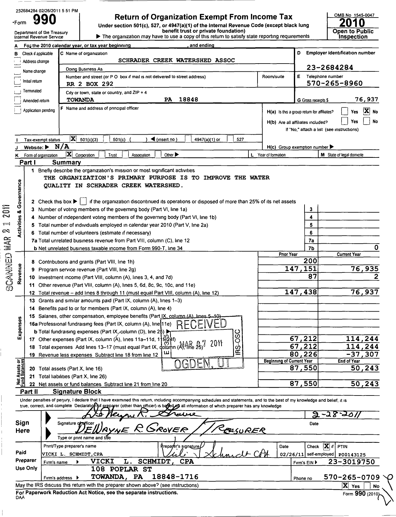 Image of first page of 2010 Form 990 for Schrader Creek Watershed Association