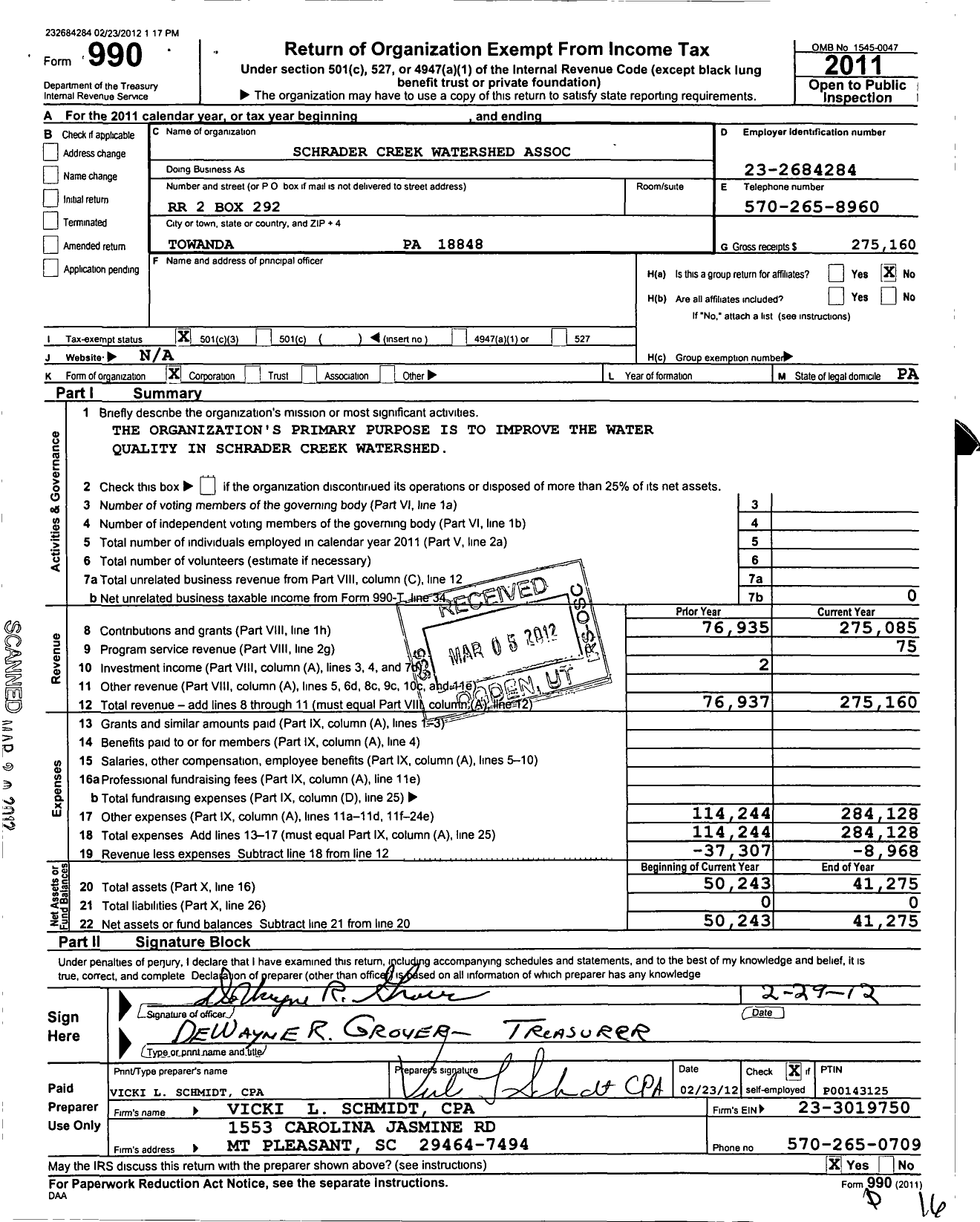 Image of first page of 2011 Form 990 for Schrader Creek Watershed Association