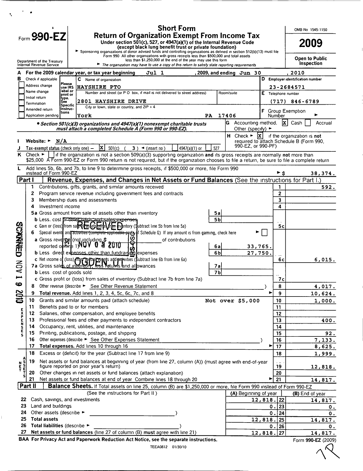 Image of first page of 2009 Form 990EZ for Central York School District Parent Teacher Organization Council / Hayshire Pto
