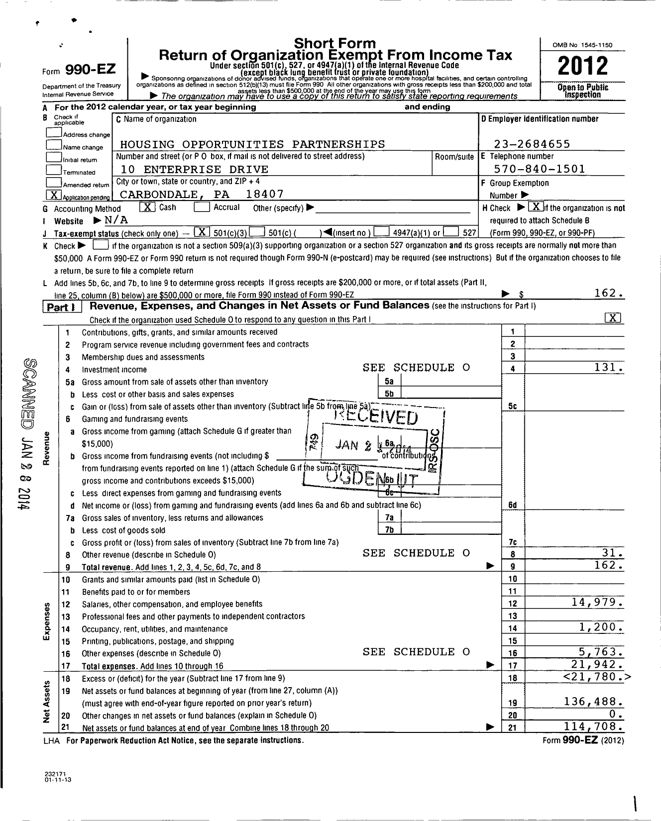 Image of first page of 2012 Form 990EZ for Housing Opportunities Partnerships