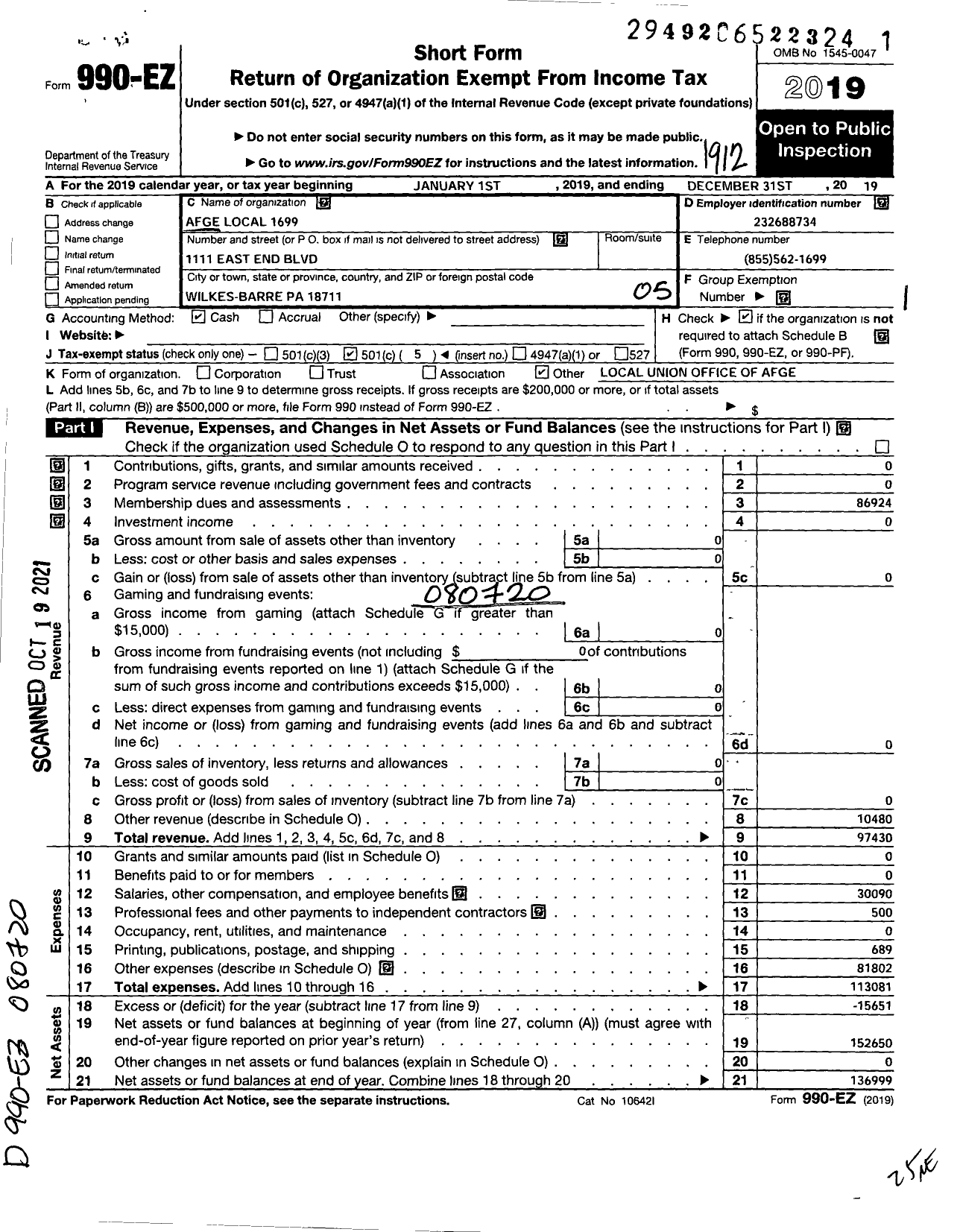 Image of first page of 2019 Form 990EO for AMERICAN FEDERATION OF GOVERNMENT EMPLOYEES - Dvamc Afge 1699