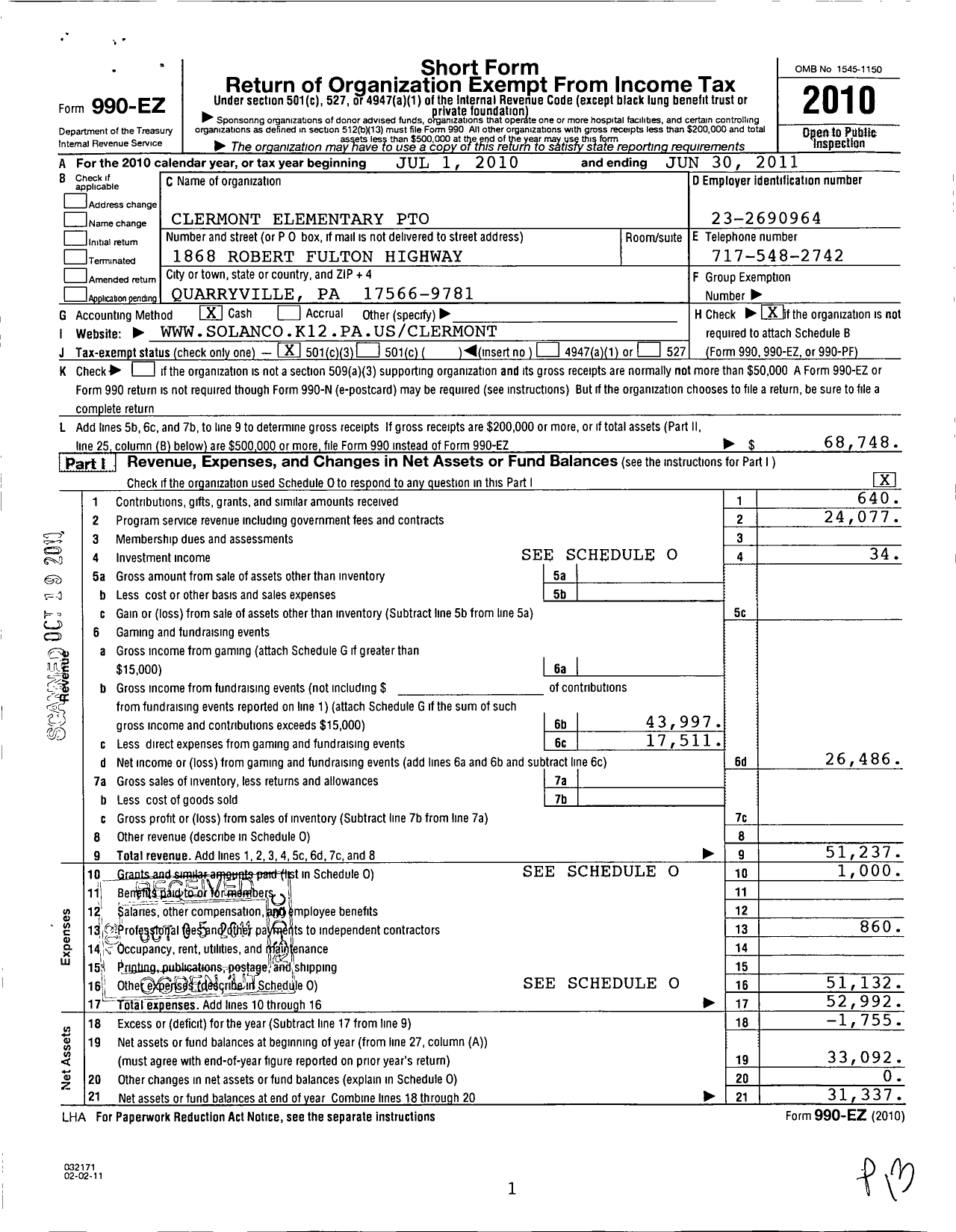 Image of first page of 2010 Form 990EZ for Clermont Elementary Parent Teacher Organization