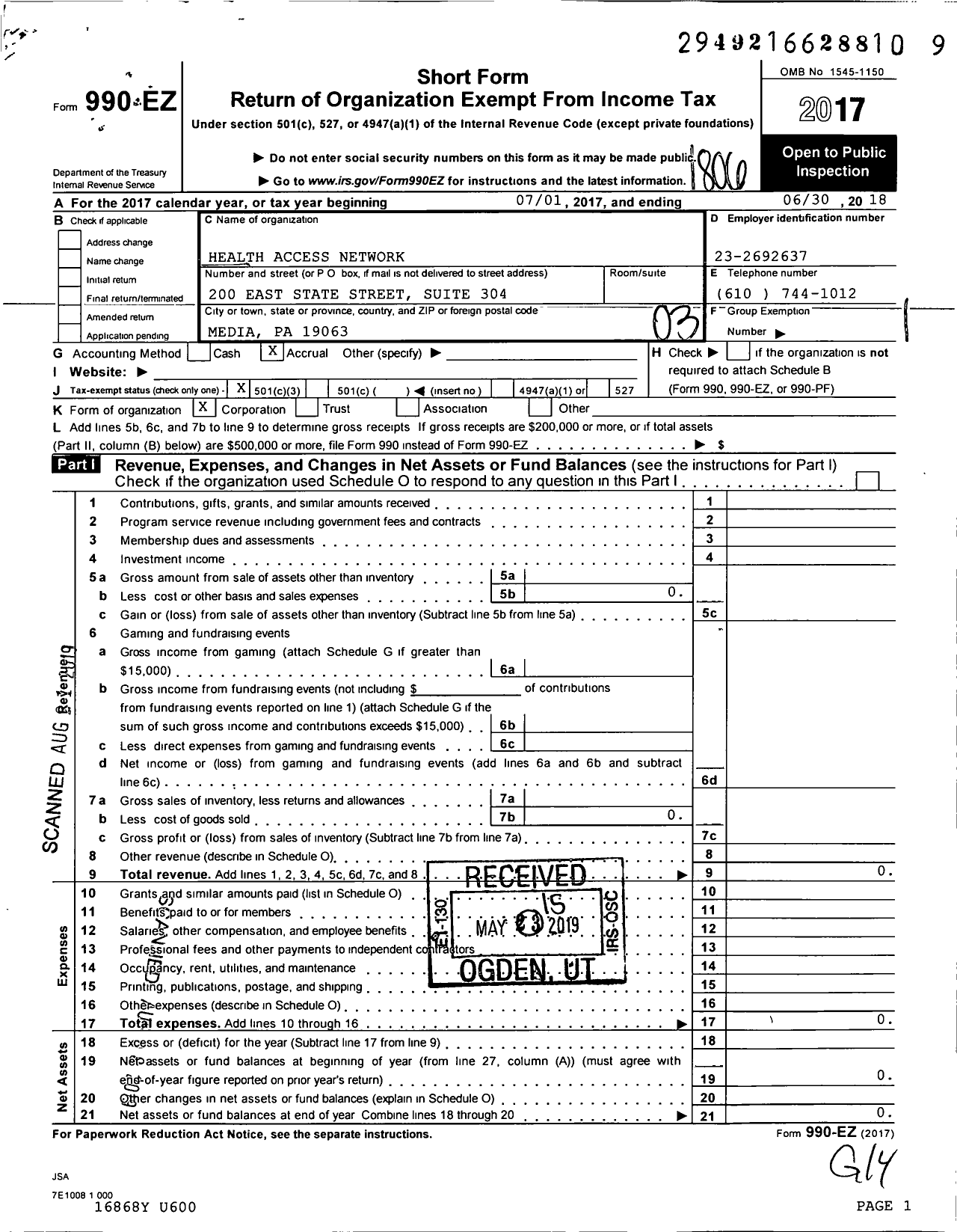 Image of first page of 2017 Form 990EZ for Health Access Network