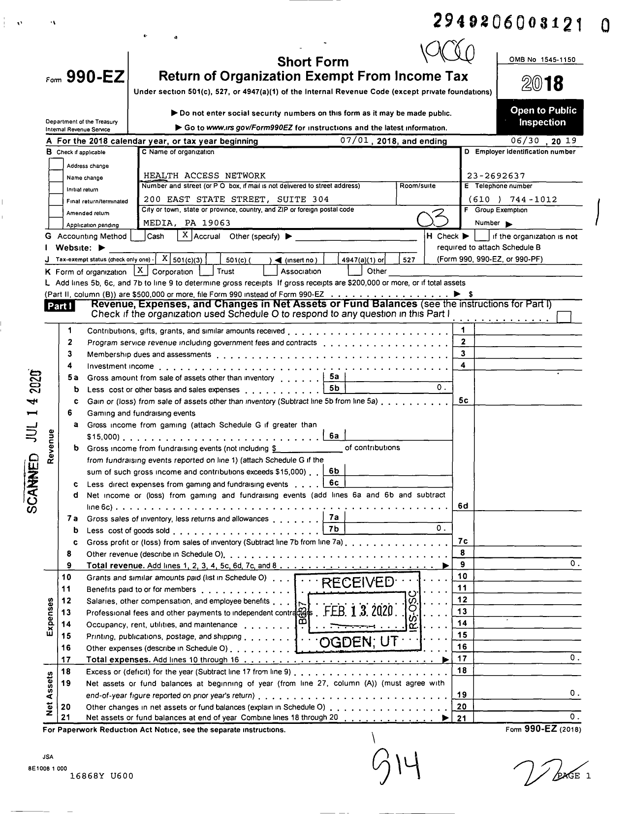 Image of first page of 2018 Form 990EZ for Health Access Network