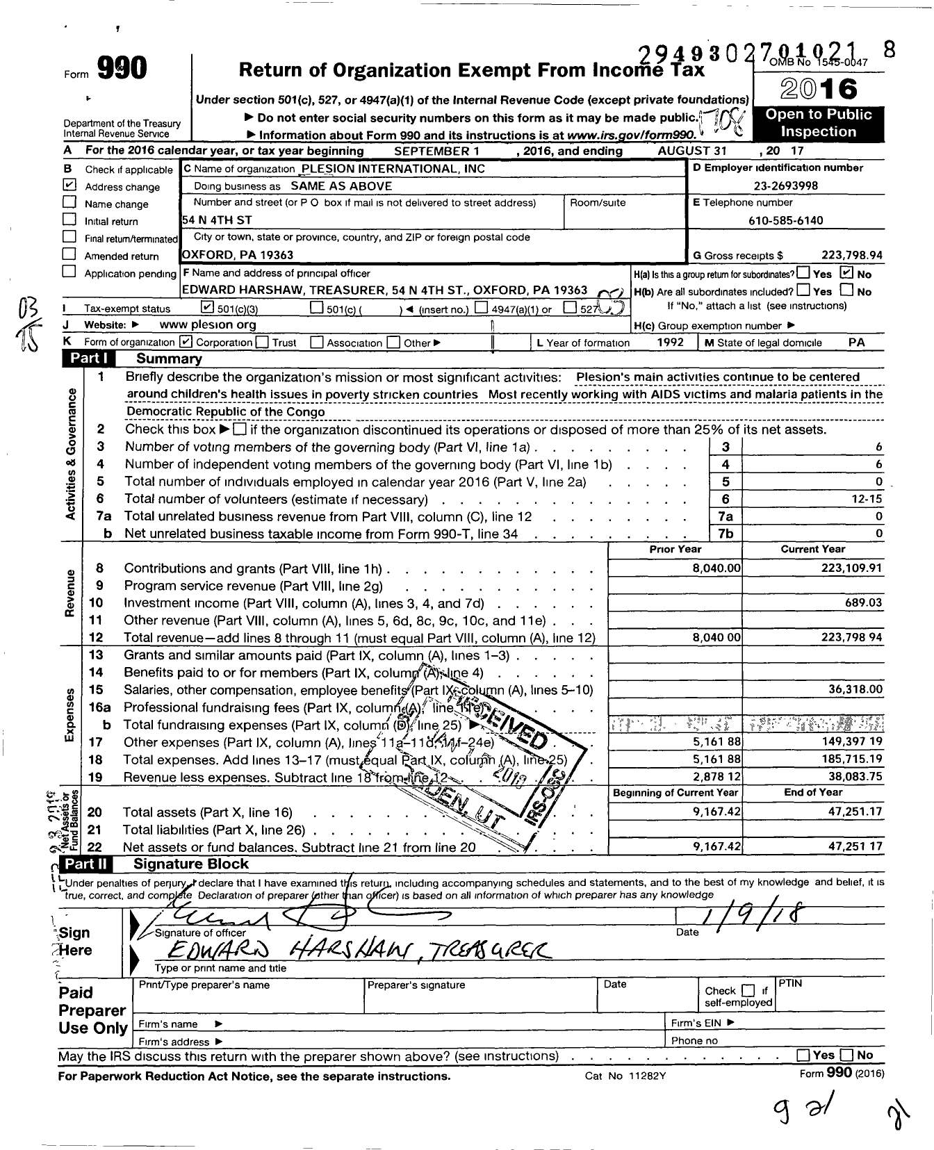 Image of first page of 2016 Form 990 for Plesion International