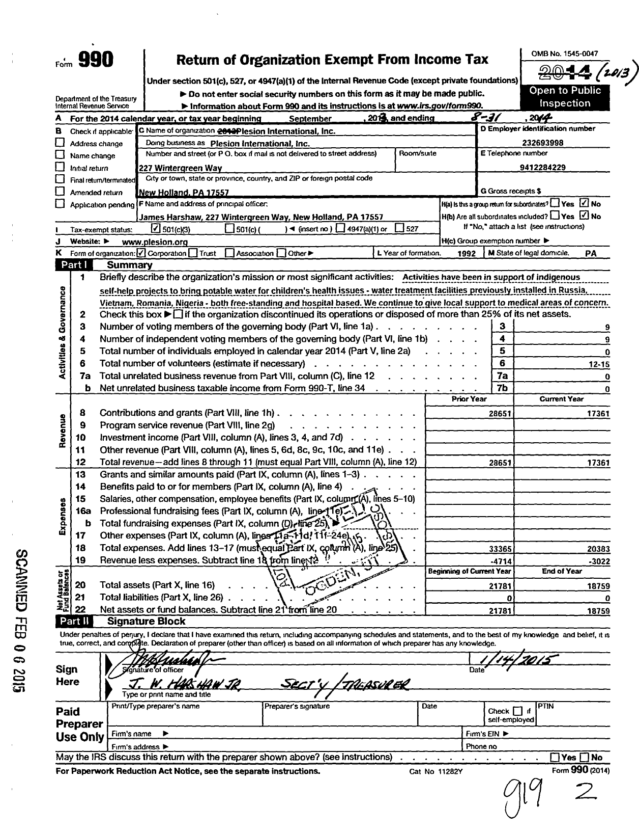 Image of first page of 2013 Form 990 for Plesion International