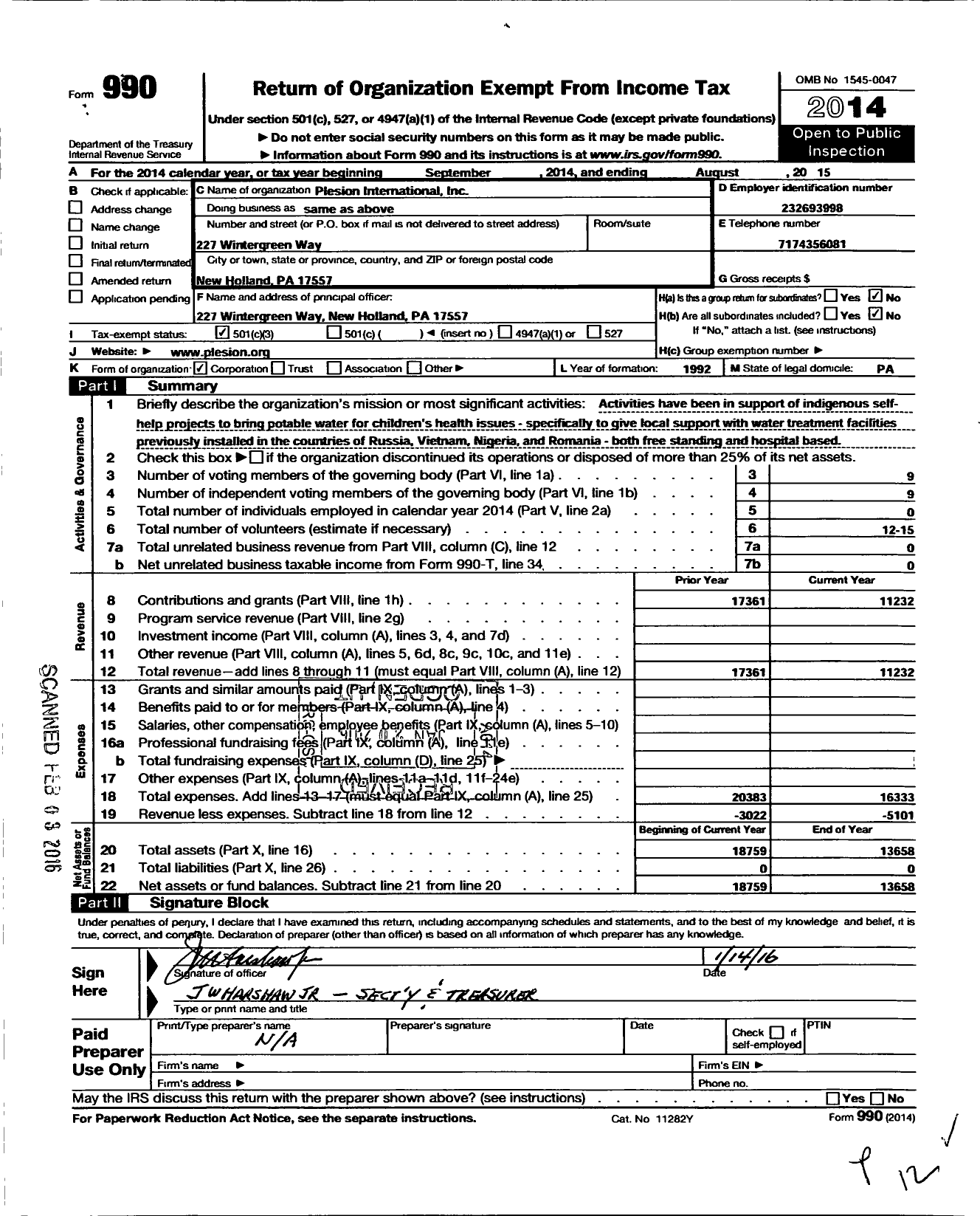 Image of first page of 2014 Form 990 for Plesion International