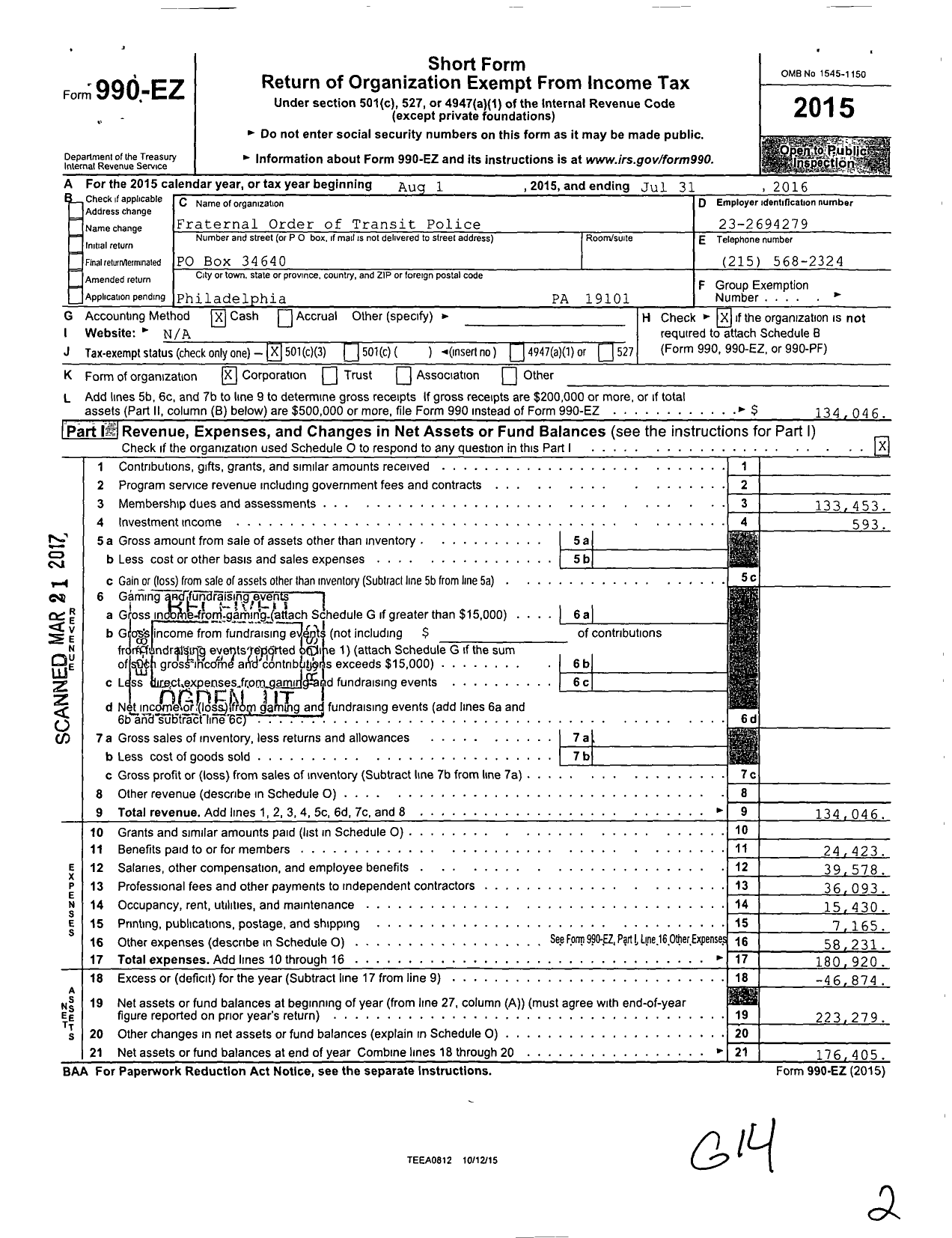 Image of first page of 2015 Form 990EZ for Fraternal Order of Transit Police