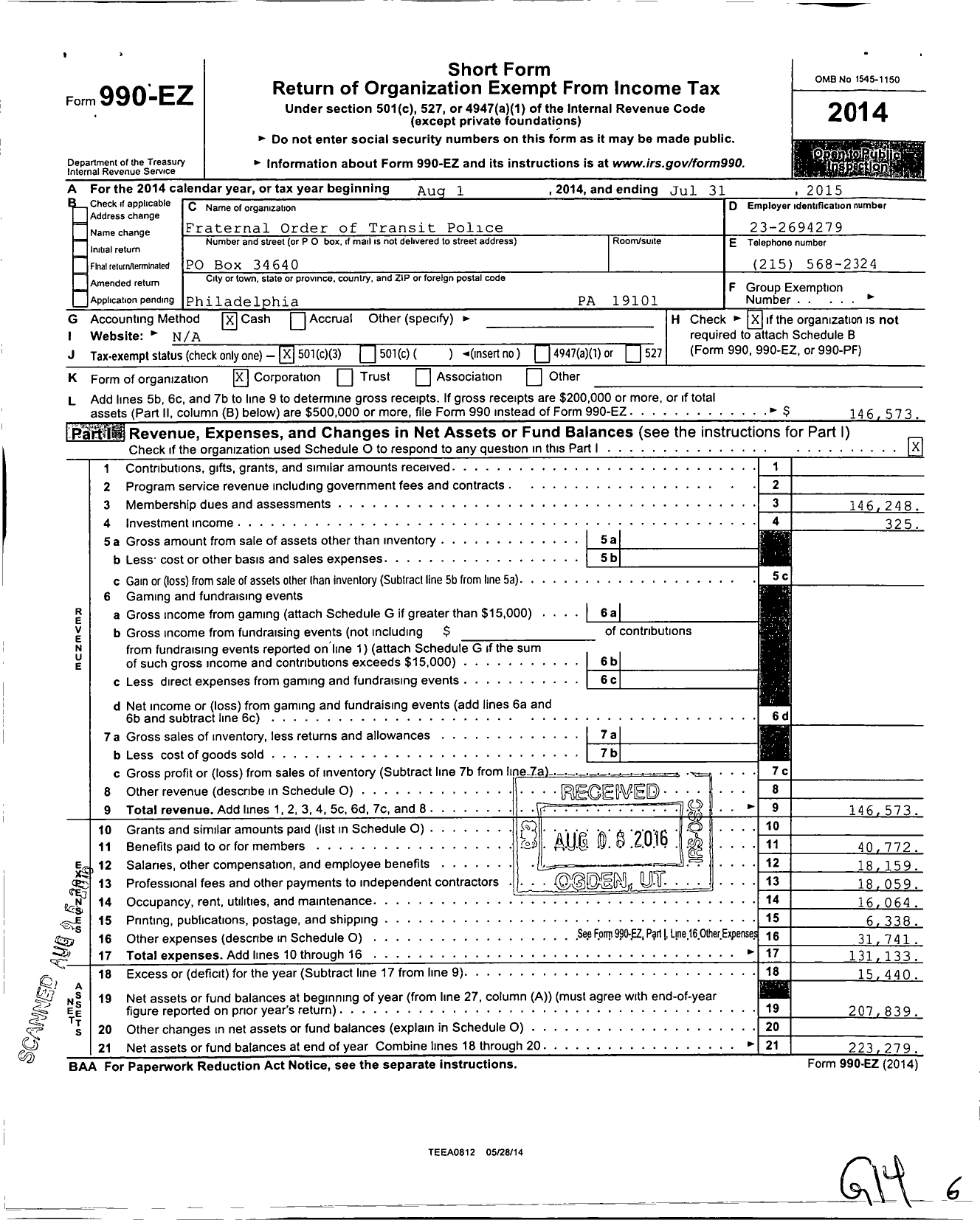 Image of first page of 2014 Form 990EZ for Fraternal Order of Transit Police