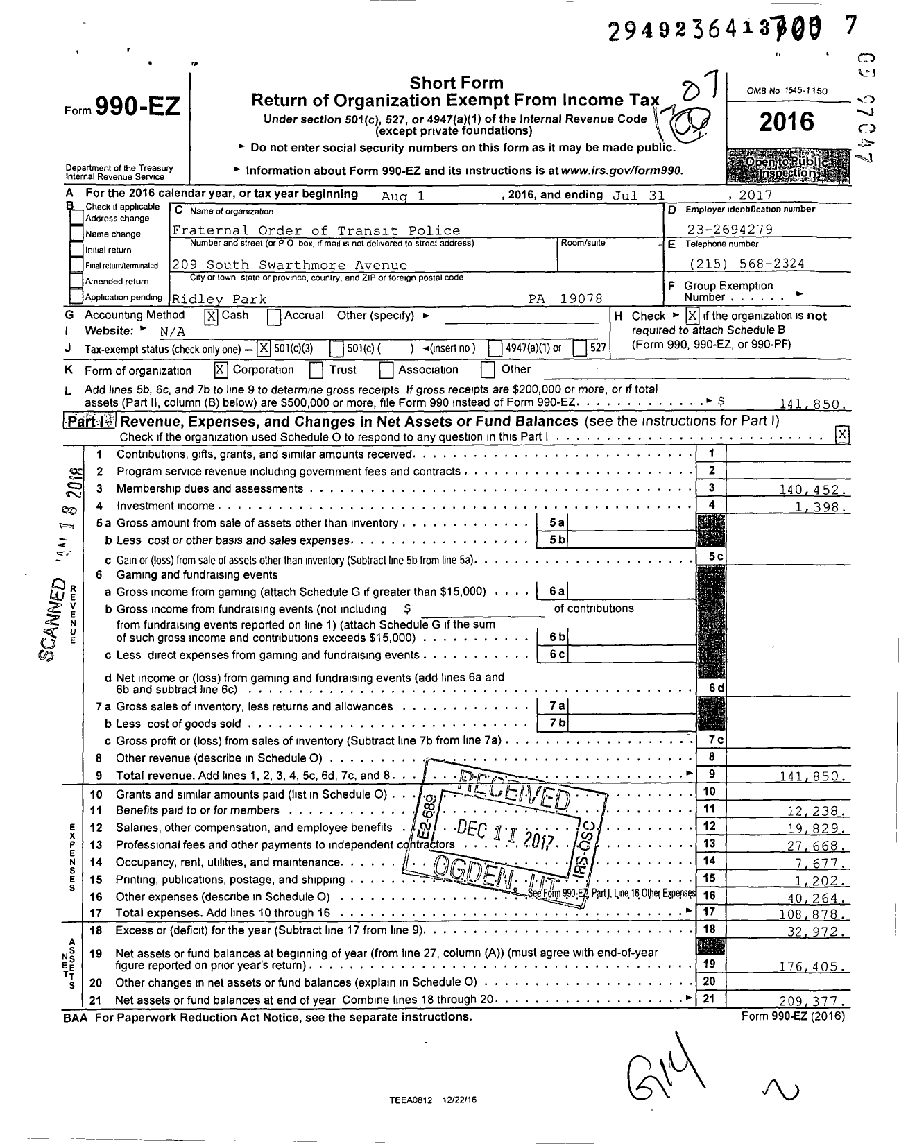 Image of first page of 2016 Form 990EZ for Fraternal Order of Transit Police