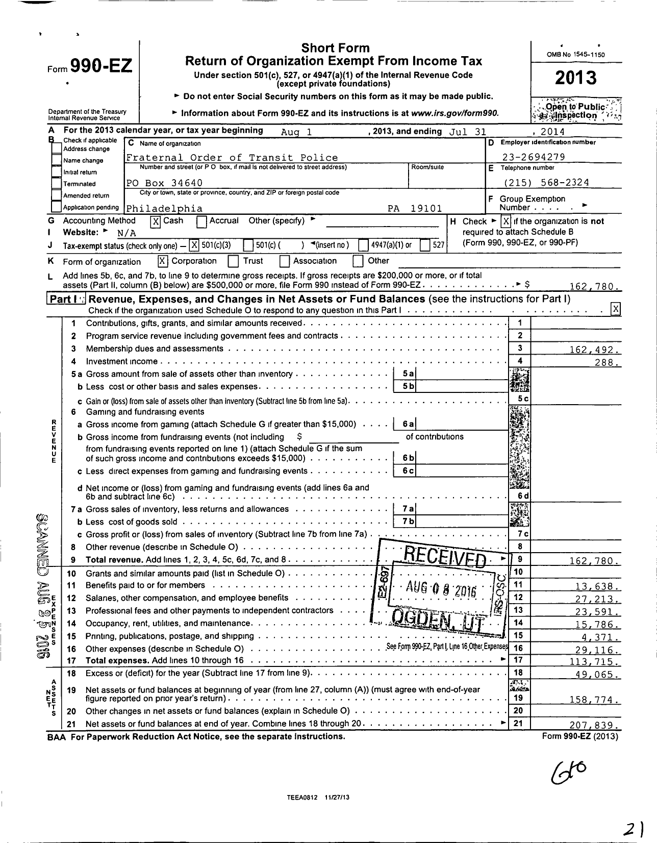 Image of first page of 2013 Form 990EZ for Fraternal Order of Transit Police