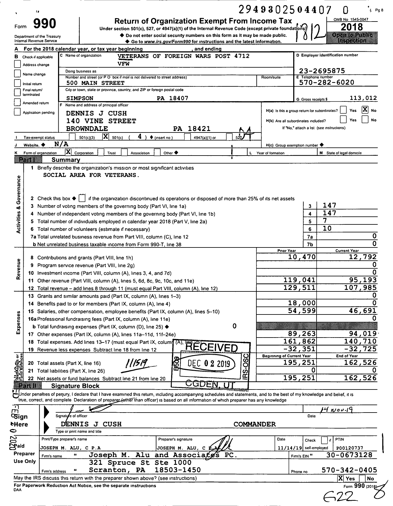 Image of first page of 2018 Form 990O for Veterans of Foreign Wars Post 4712