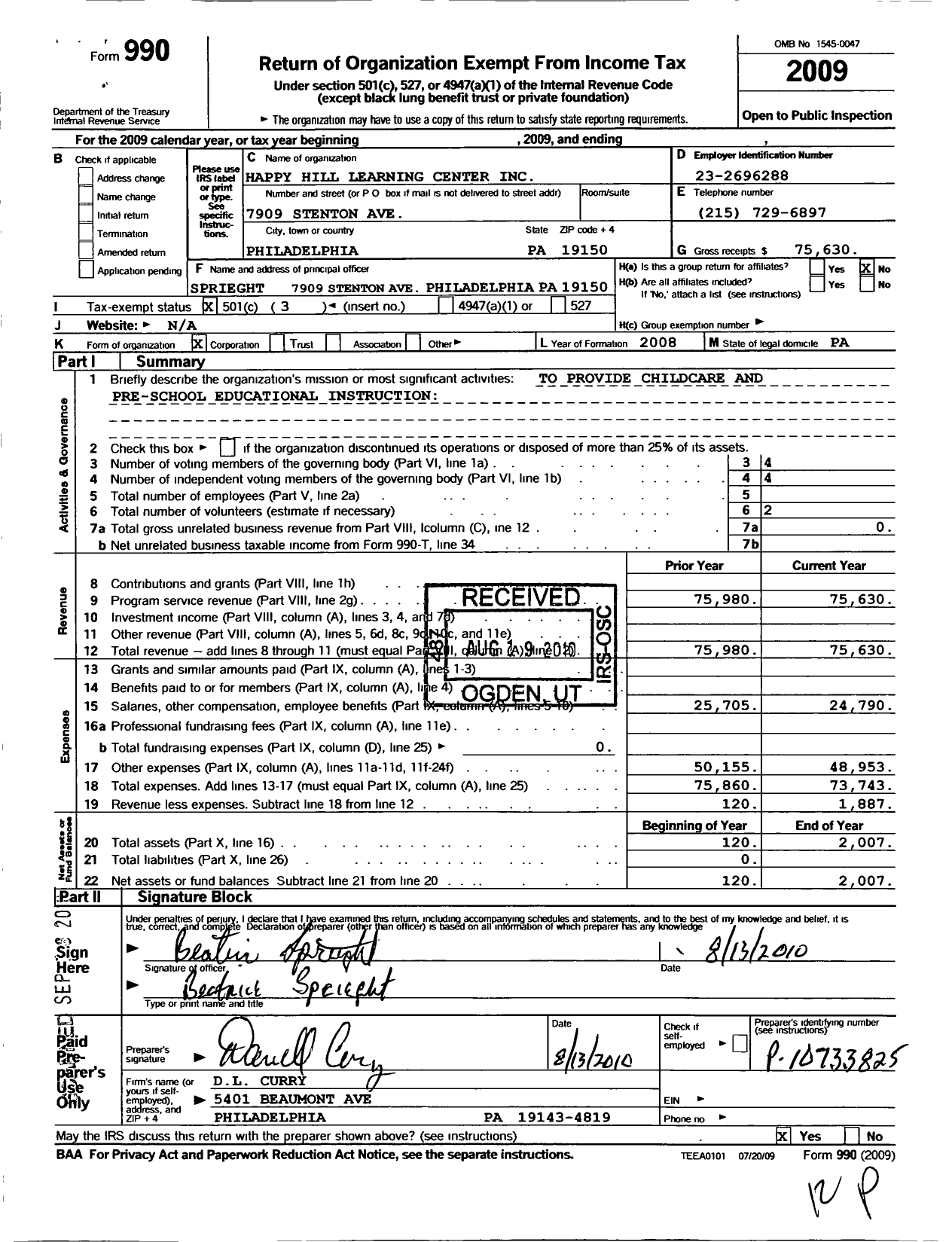 Image of first page of 2009 Form 990 for Happy Hill Learning Center