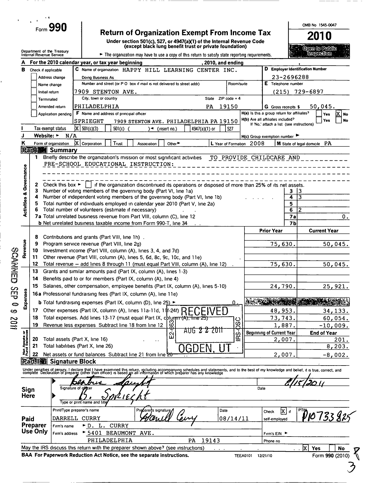 Image of first page of 2010 Form 990 for Happy Hill Learning Center