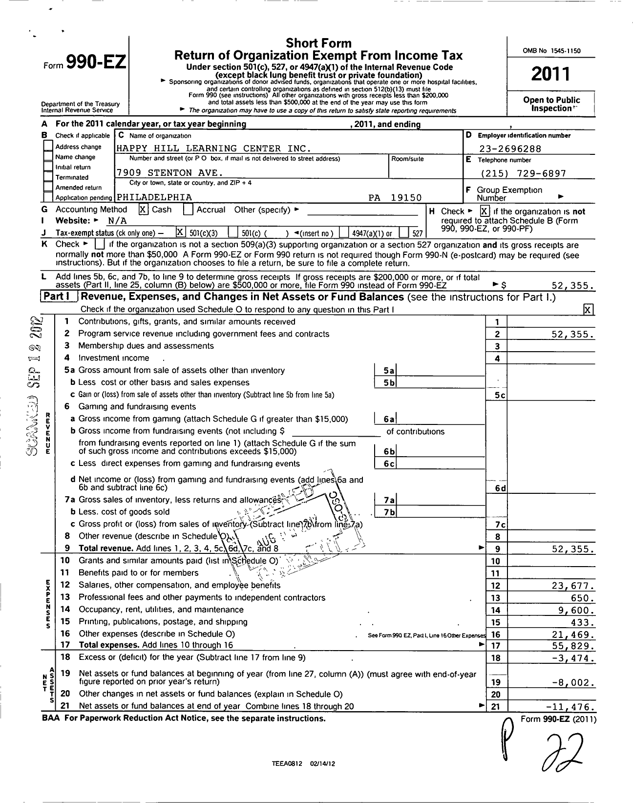 Image of first page of 2011 Form 990EZ for Happy Hill Learning Center