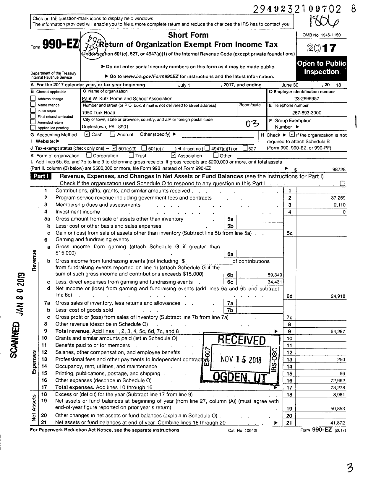 Image of first page of 2017 Form 990EZ for Paul W Kutz Home and School Association