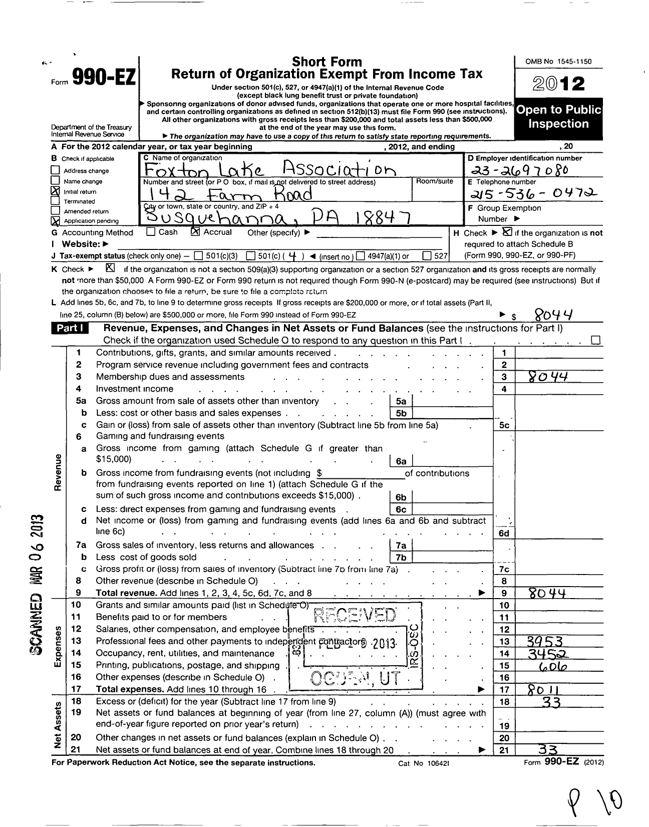 Image of first page of 2012 Form 990EO for Foxton Lake Association