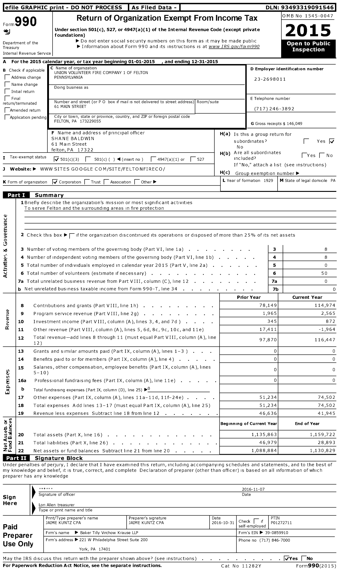 Image of first page of 2015 Form 990 for Union Volunteer Fire Company 1 of Felton Pennsylvania