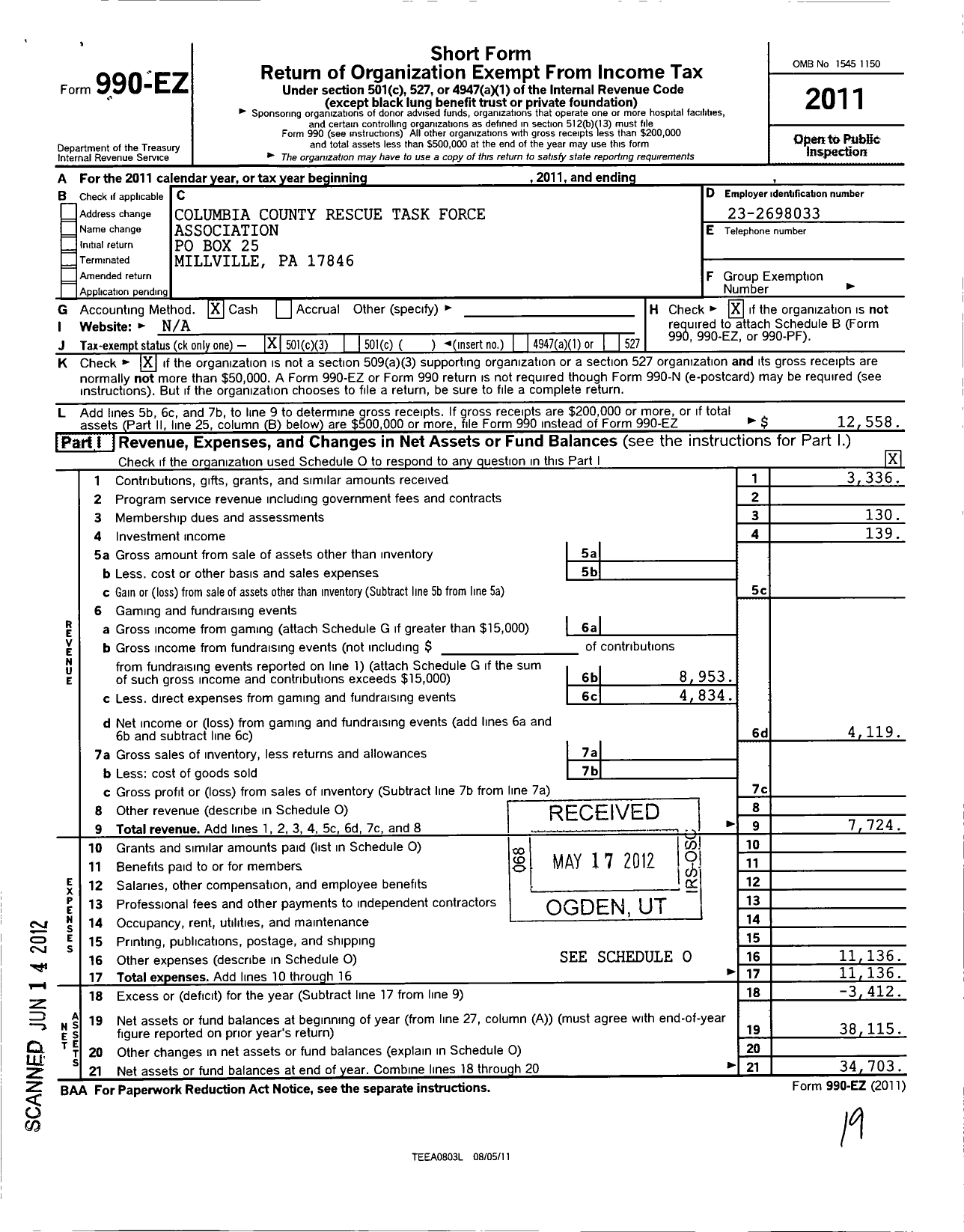 Image of first page of 2011 Form 990EZ for Columbia County Rescue Task Force Association