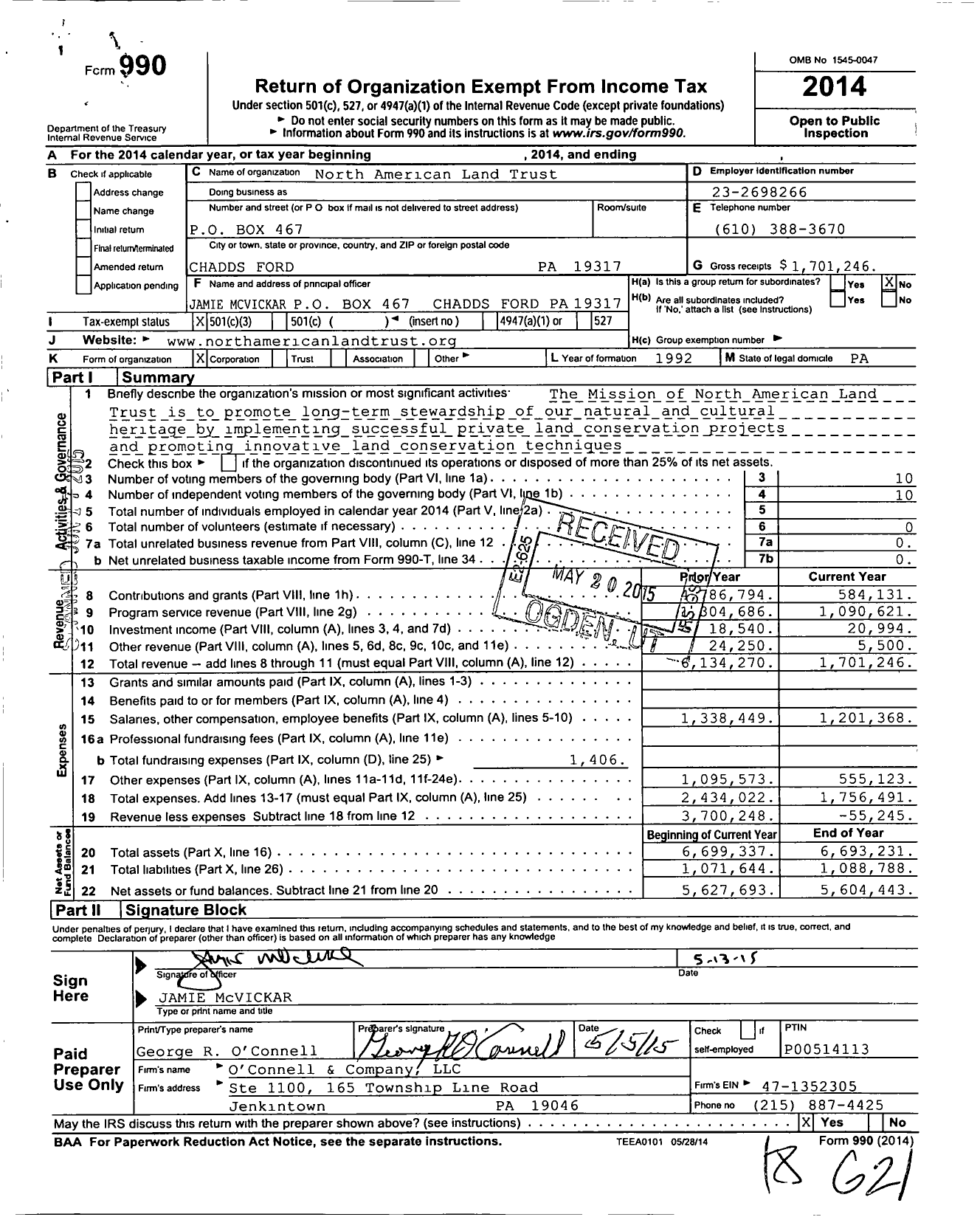 Image of first page of 2014 Form 990 for North American Land Trust (NALT)