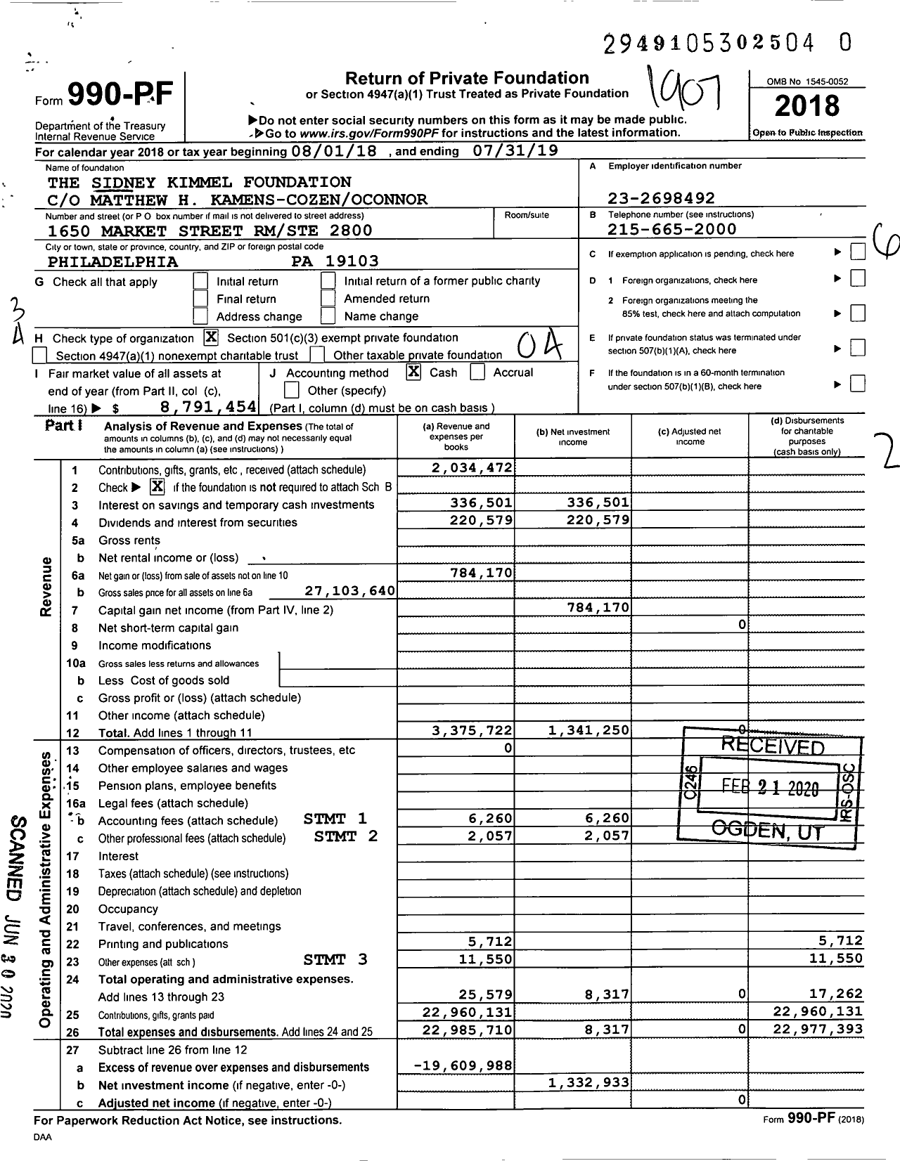 Image of first page of 2018 Form 990PR for Sidney Kimmel Foundation