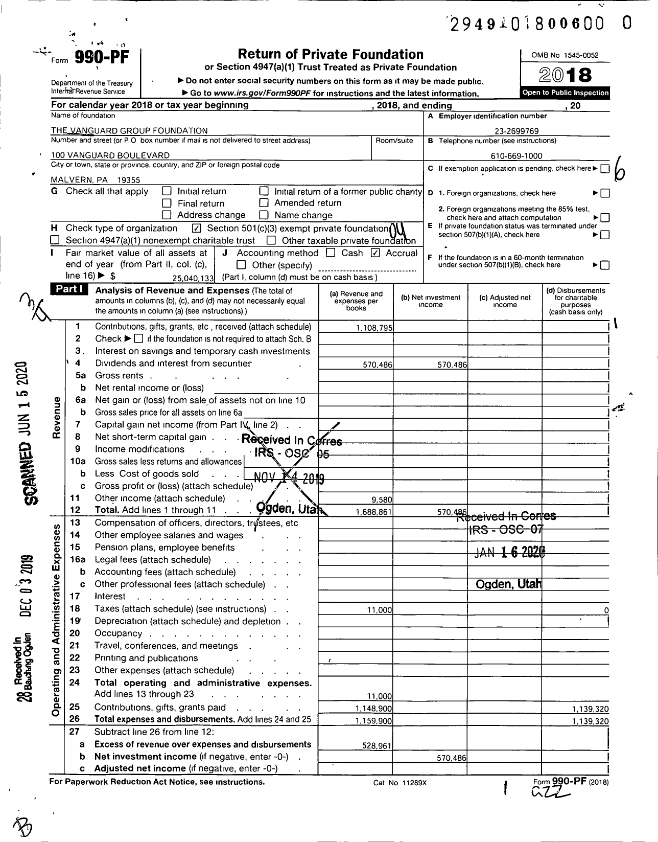 Image of first page of 2018 Form 990PR for The Vanguard Group Foundation