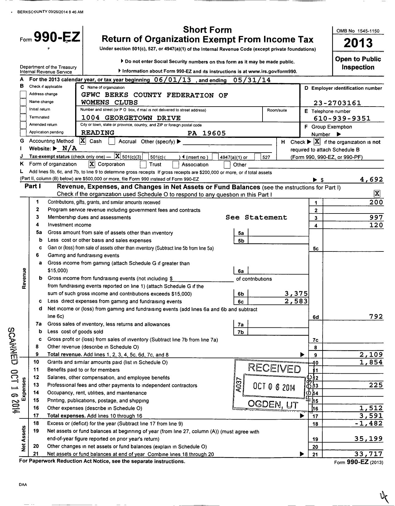 Image of first page of 2013 Form 990EZ for GFWC Berks County Federation of Womens Clubs