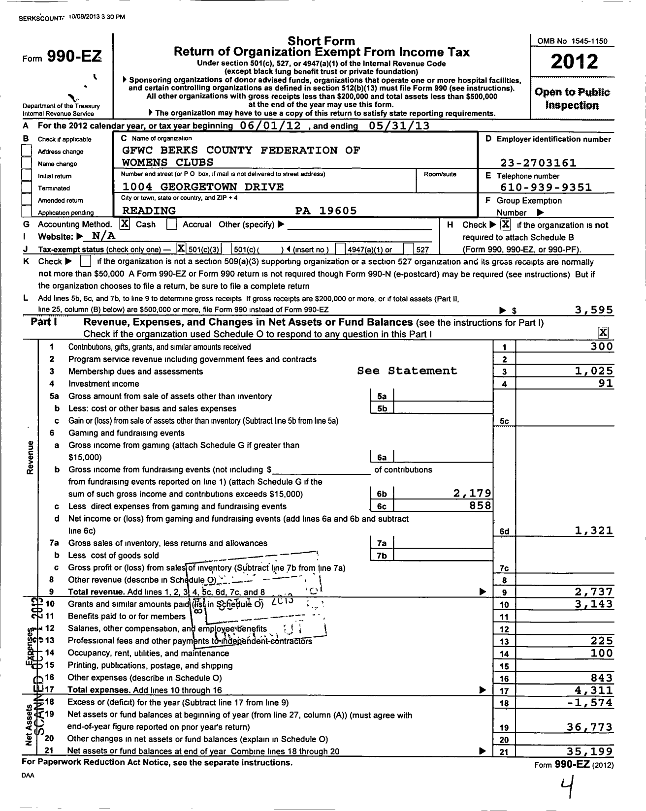 Image of first page of 2012 Form 990EZ for GFWC Berks County Federation of Womens Clubs