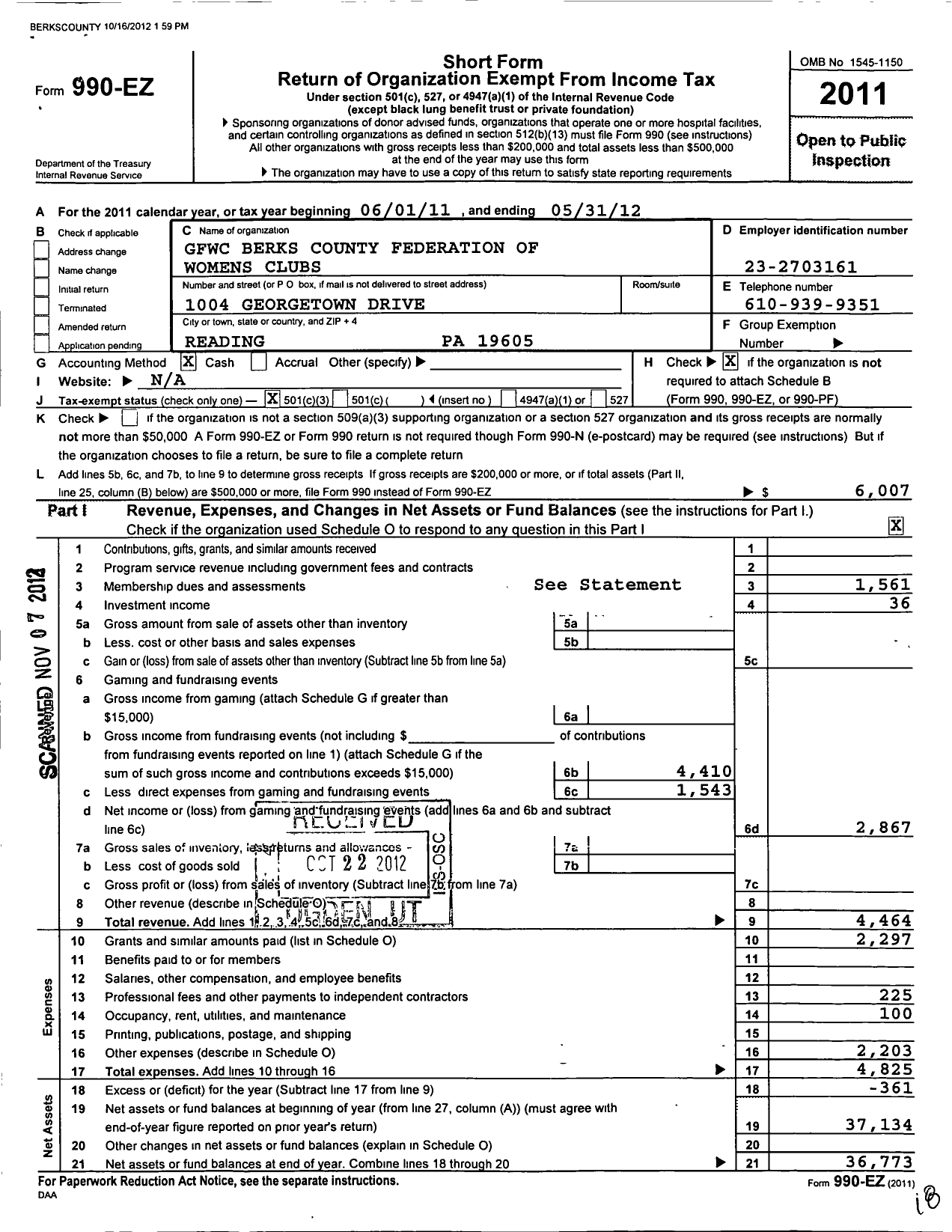 Image of first page of 2011 Form 990EZ for GFWC Berks County Federation of Womens Clubs