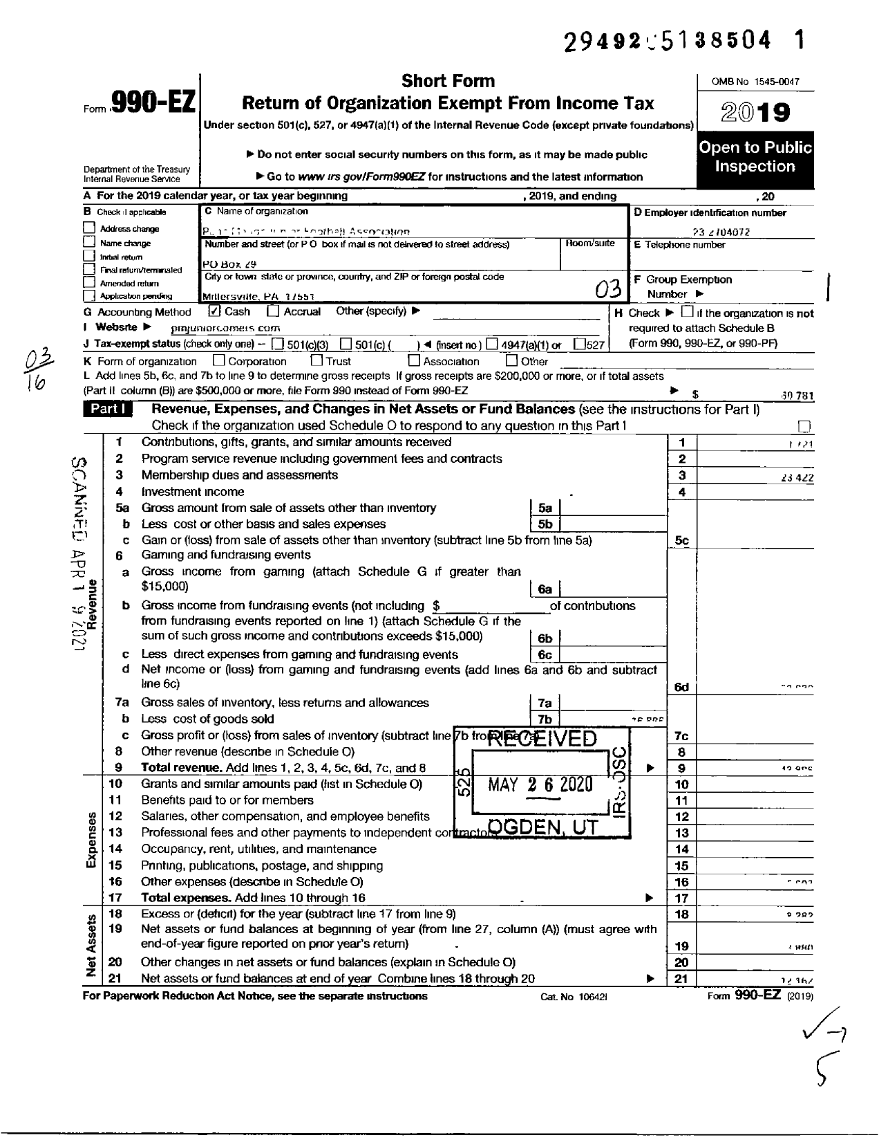 Image of first page of 2019 Form 990EZ for Penn Manor Junior Football Association