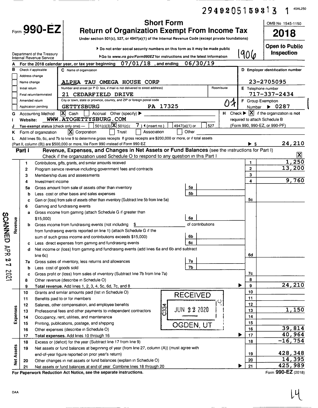 Image of first page of 2018 Form 990EO for Alpha Tau Omega - Alpha Upsilon House Corporation