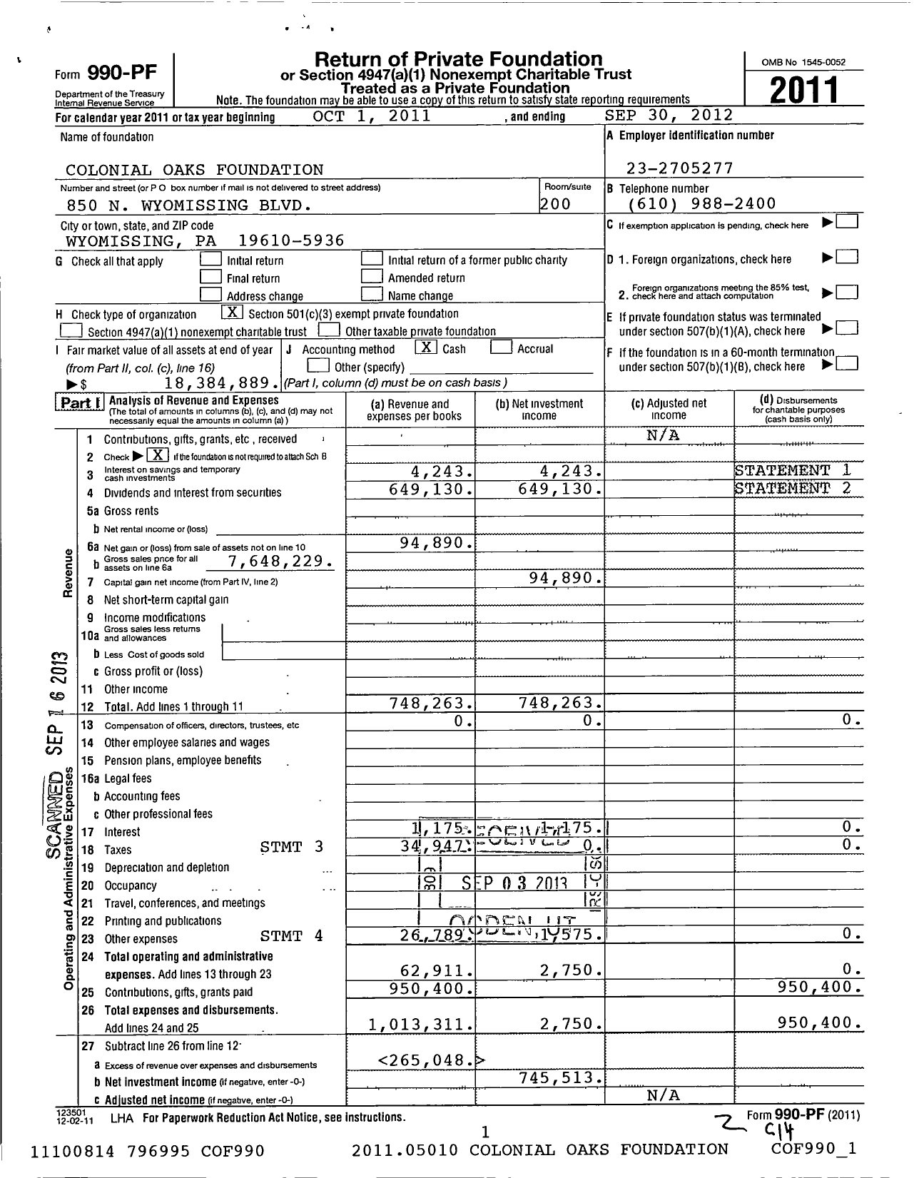 Image of first page of 2011 Form 990PF for Colonial Oaks Foundation