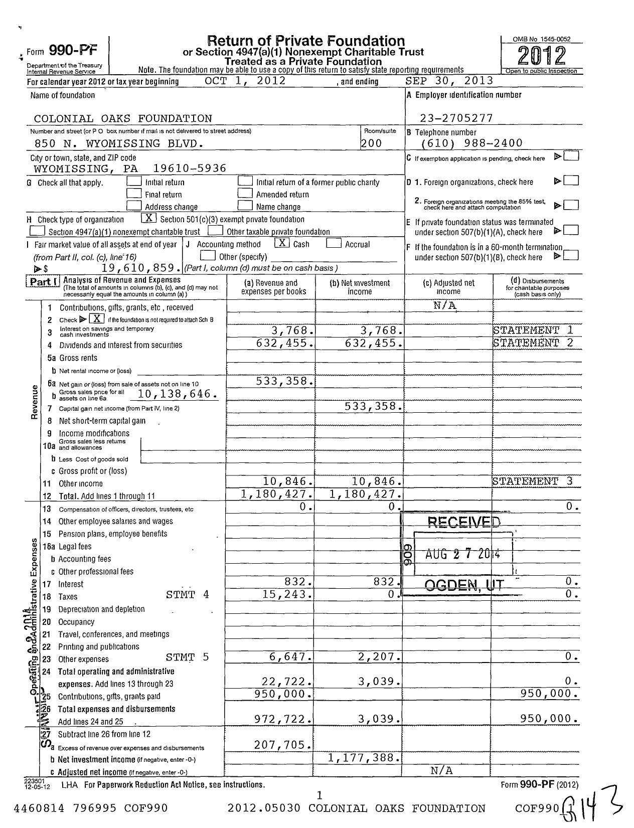 Image of first page of 2012 Form 990PF for Colonial Oaks Foundation