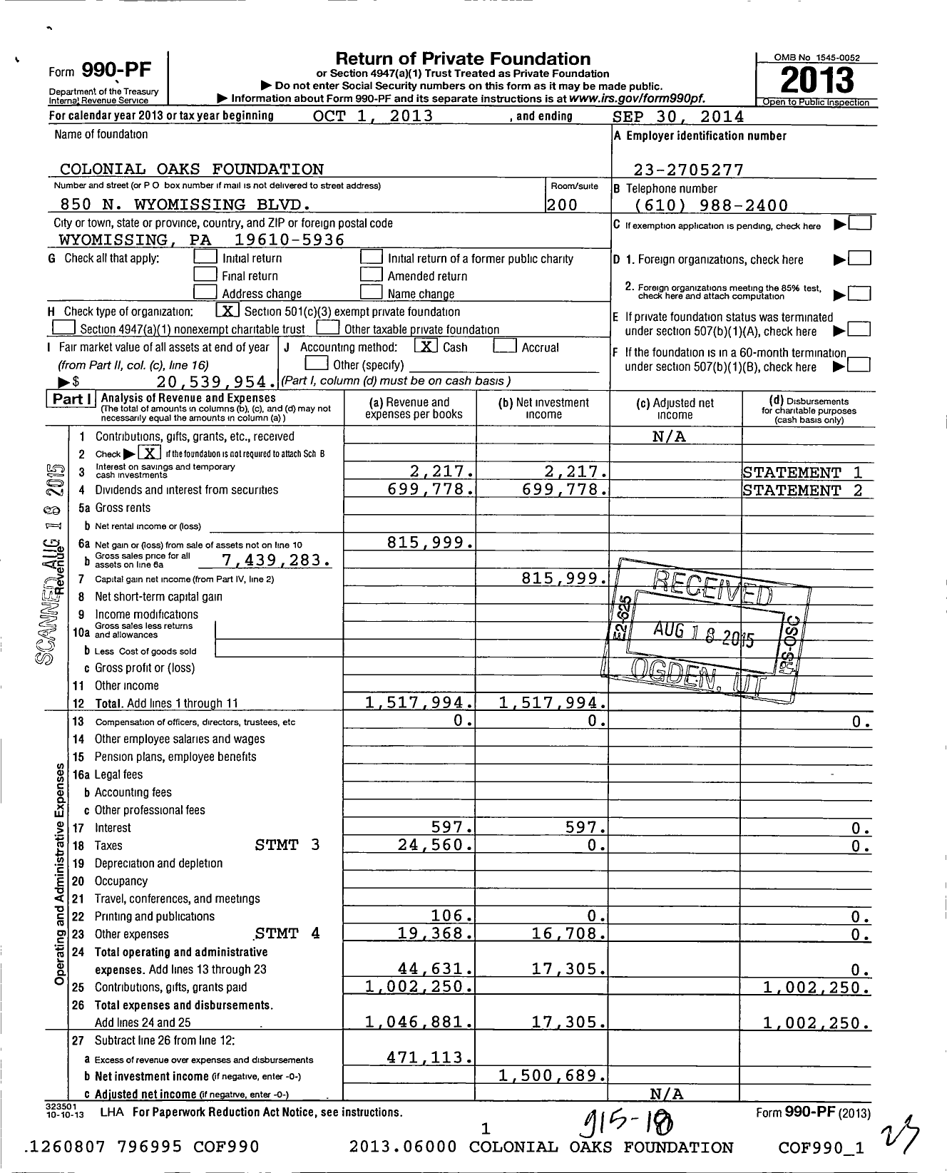 Image of first page of 2013 Form 990PF for Colonial Oaks Foundation