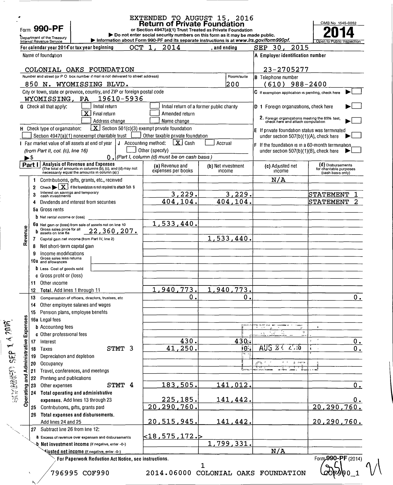 Image of first page of 2014 Form 990PF for Colonial Oaks Foundation