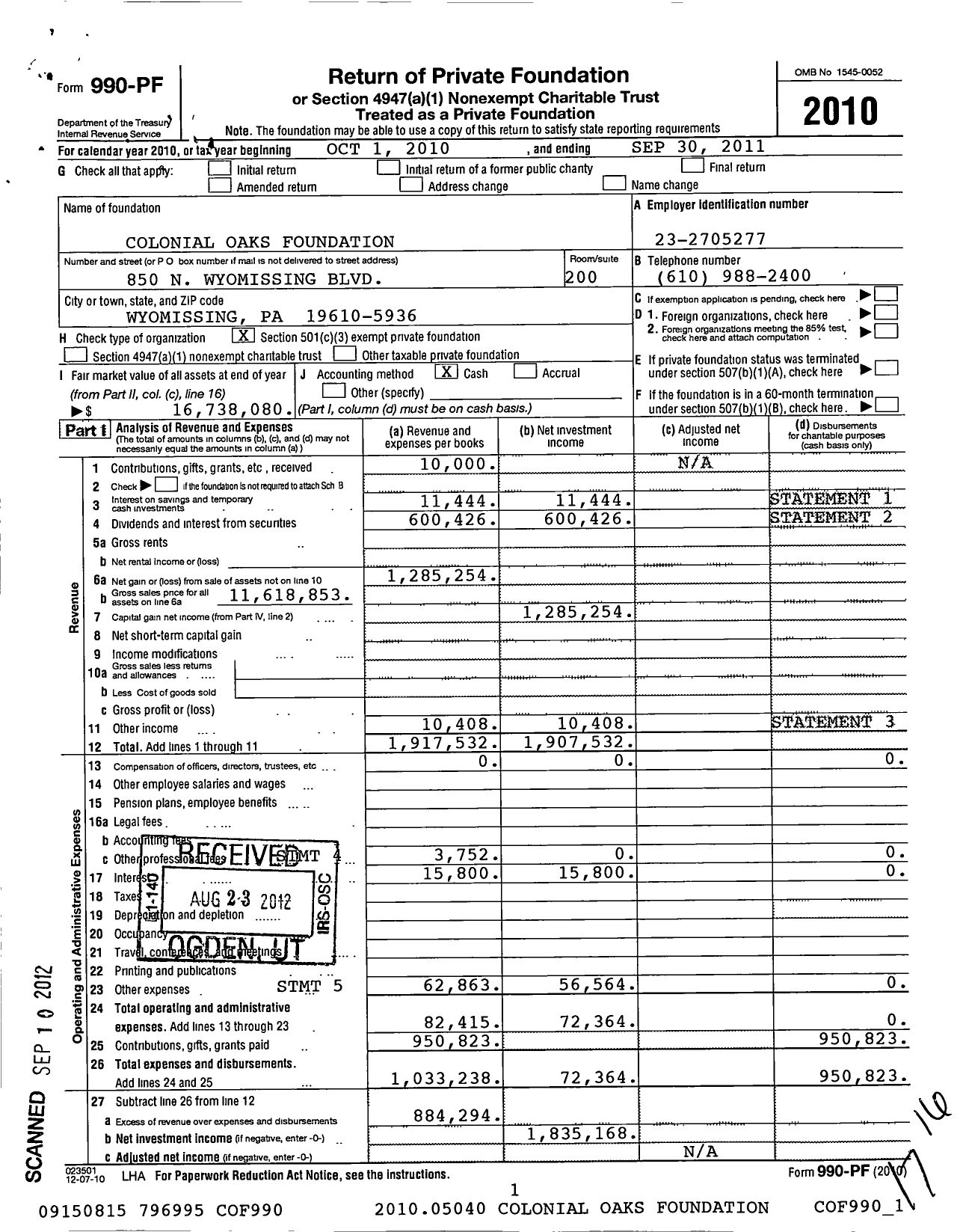 Image of first page of 2010 Form 990PF for Colonial Oaks Foundation