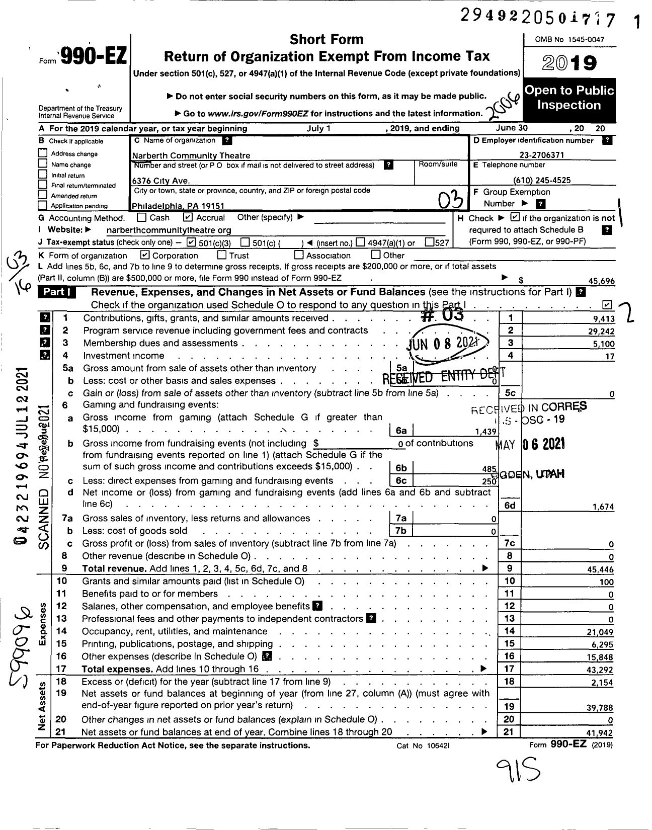 Image of first page of 2019 Form 990EZ for Narberth Community Theatre