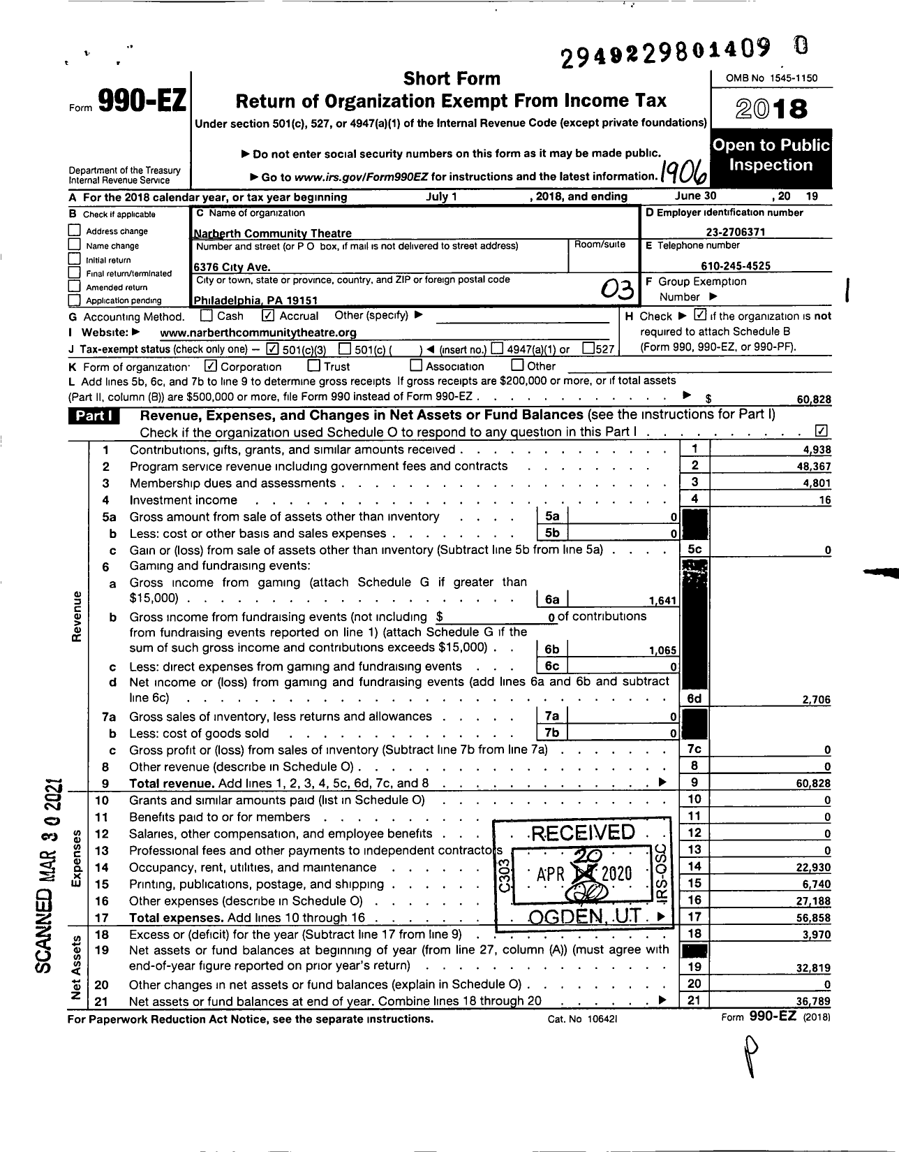 Image of first page of 2018 Form 990EZ for Narberth Community Theatre