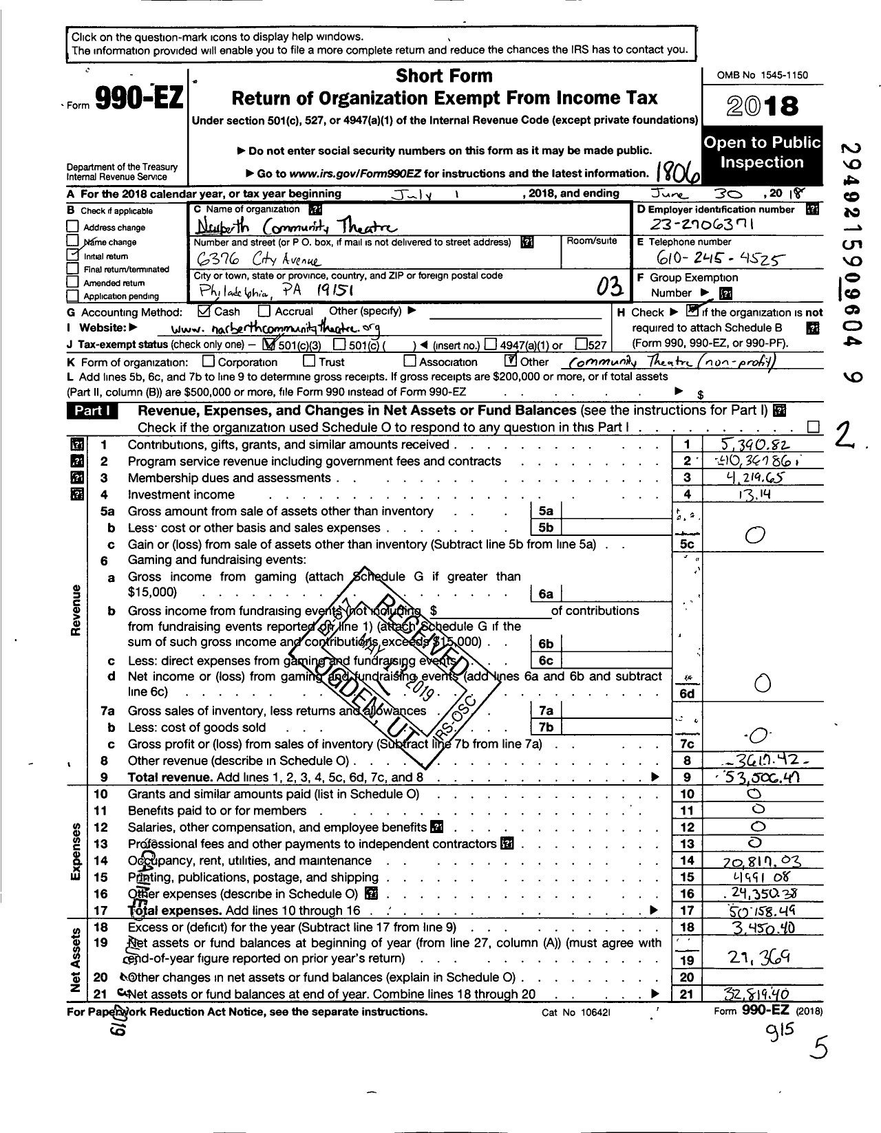 Image of first page of 2017 Form 990EZ for Narberth Community Theatre