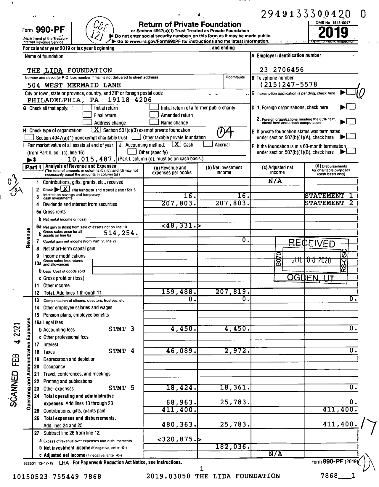 Image of first page of 2019 Form 990PF for The Lida Foundation