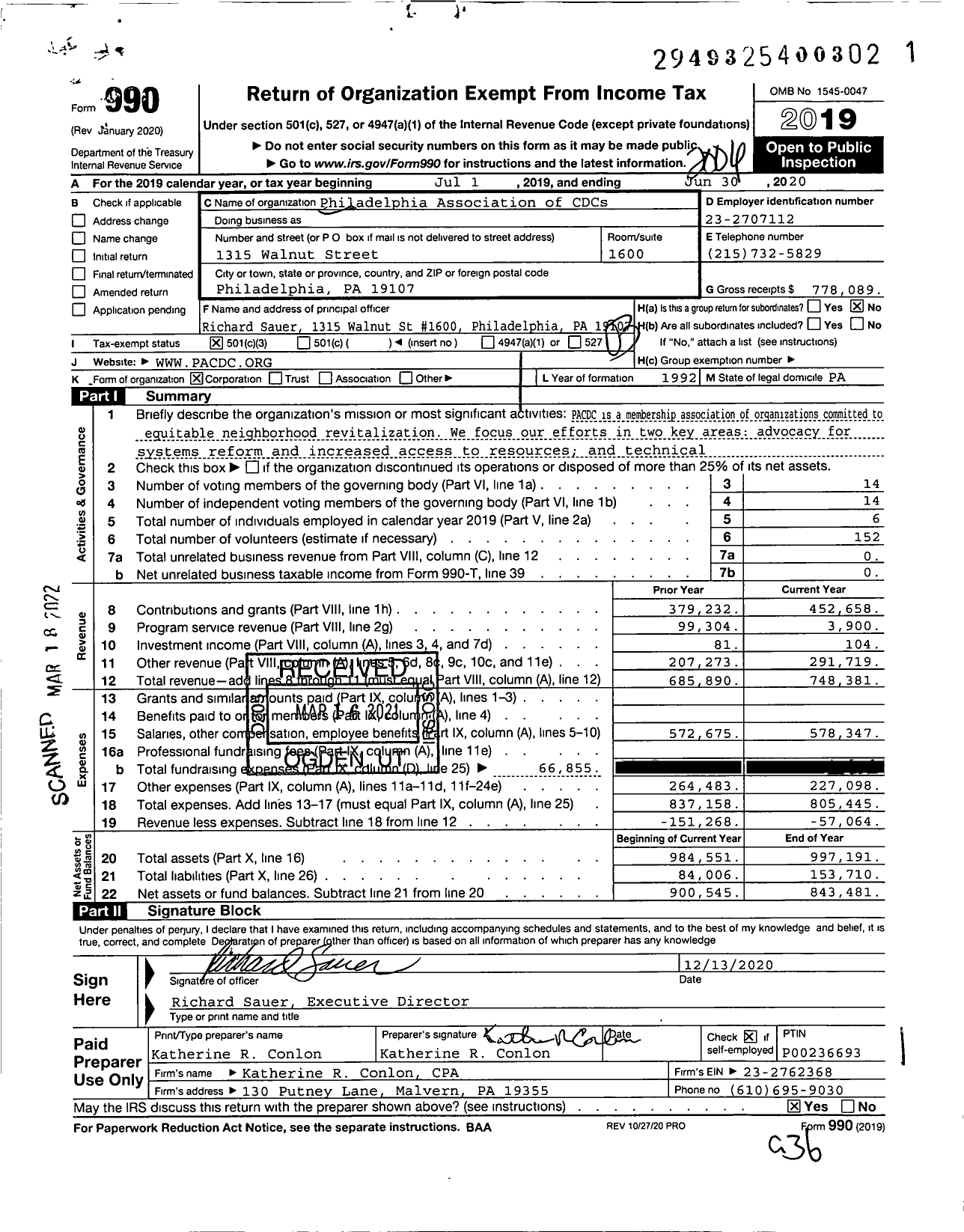 Image of first page of 2019 Form 990 for Philadelphia Association of CDCs
