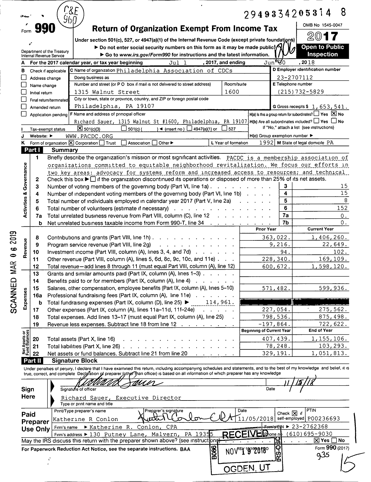 Image of first page of 2017 Form 990 for Philadelphia Association of CDCs