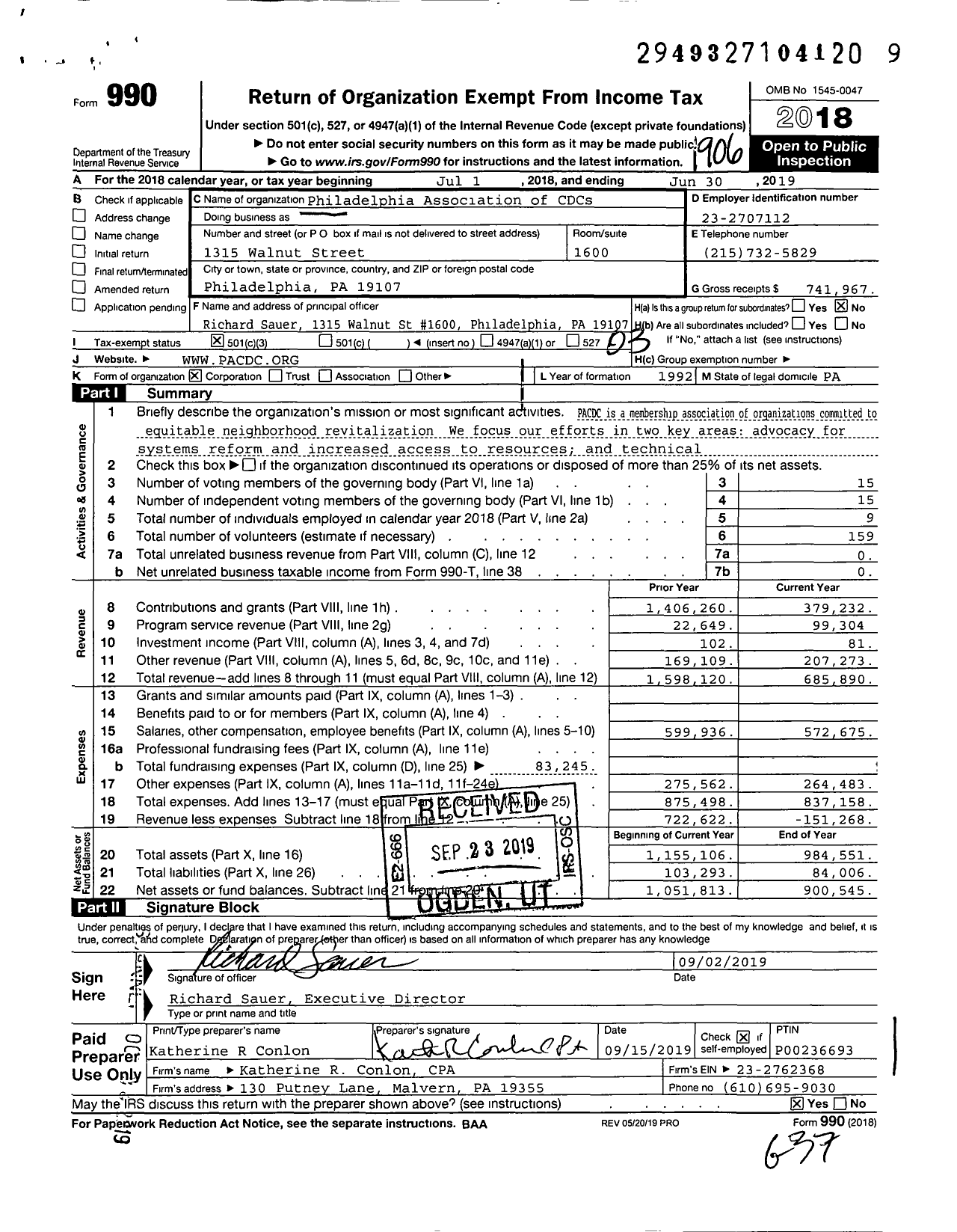 Image of first page of 2018 Form 990 for Philadelphia Association of CDCs