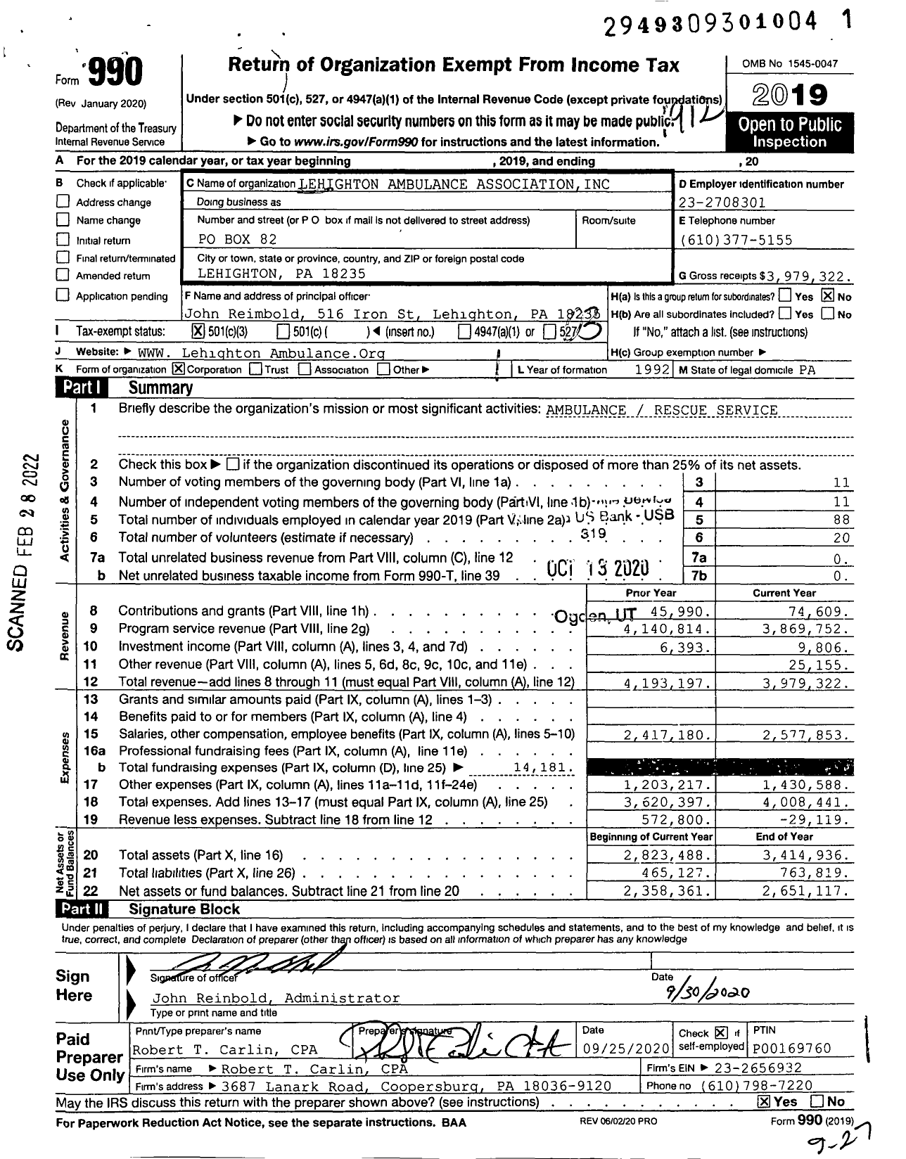 Image of first page of 2019 Form 990 for Lehighton Ambulance Association