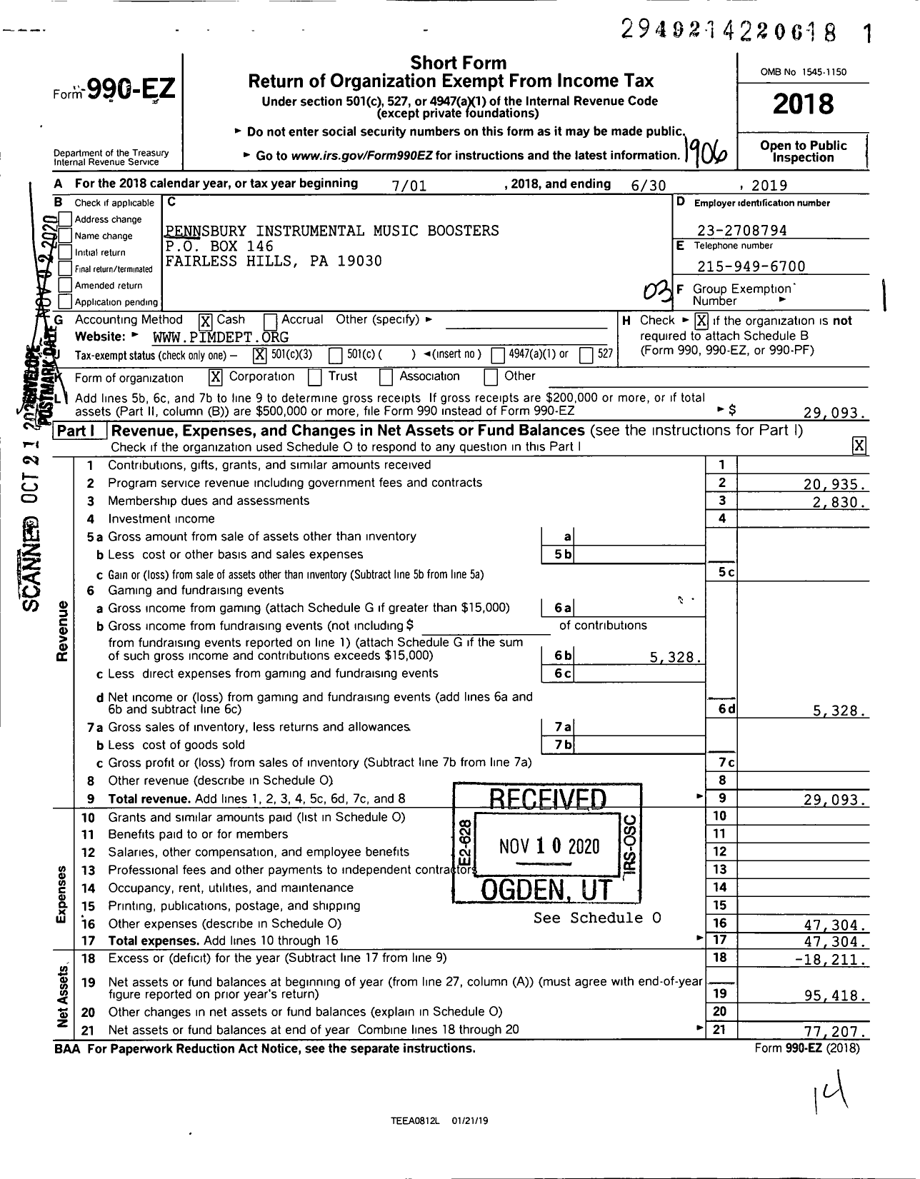 Image of first page of 2018 Form 990EZ for Pennsbury Instrumental Music Boosters